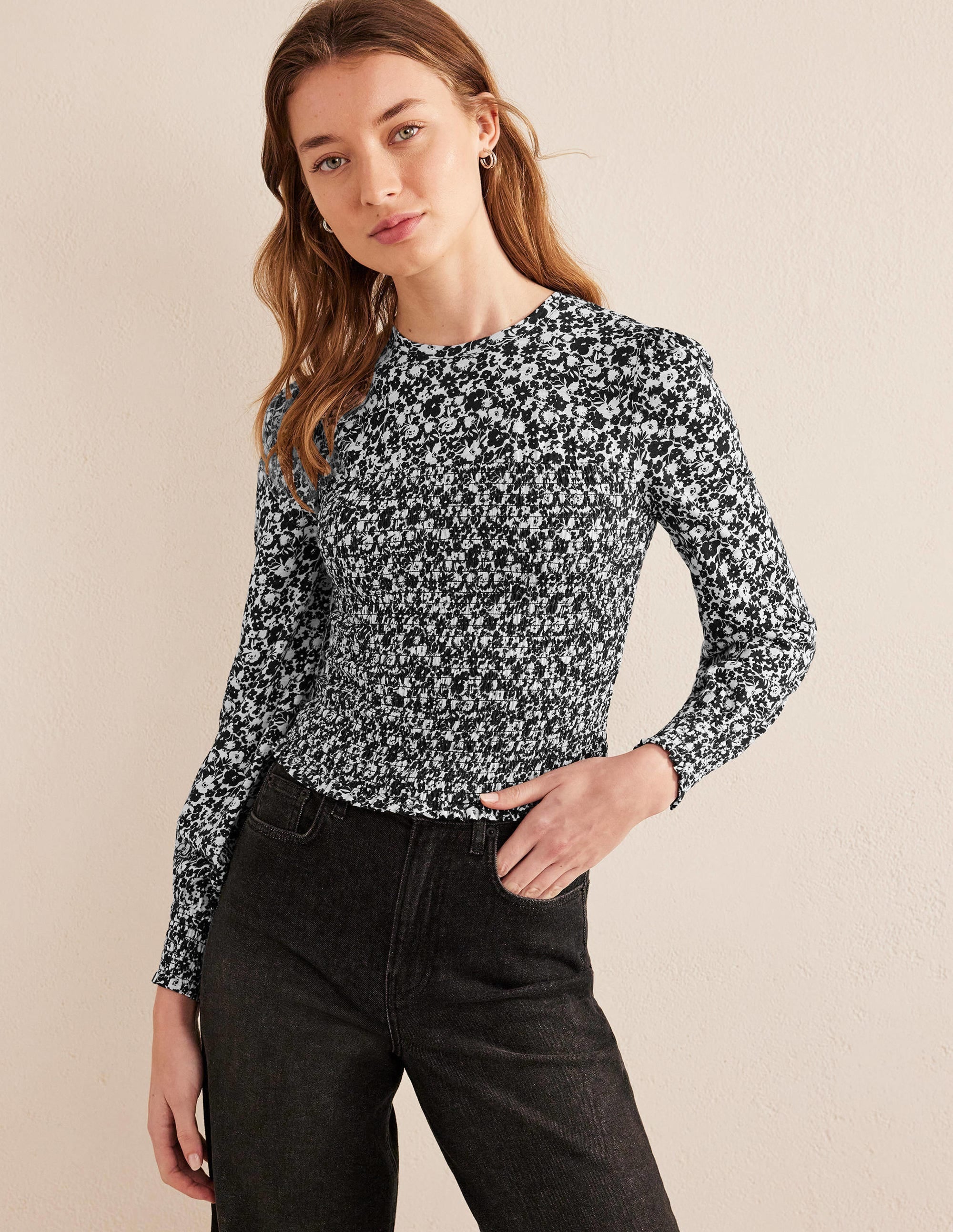 Smocked Bodice Cotton Top-Black Bloom - Image 1