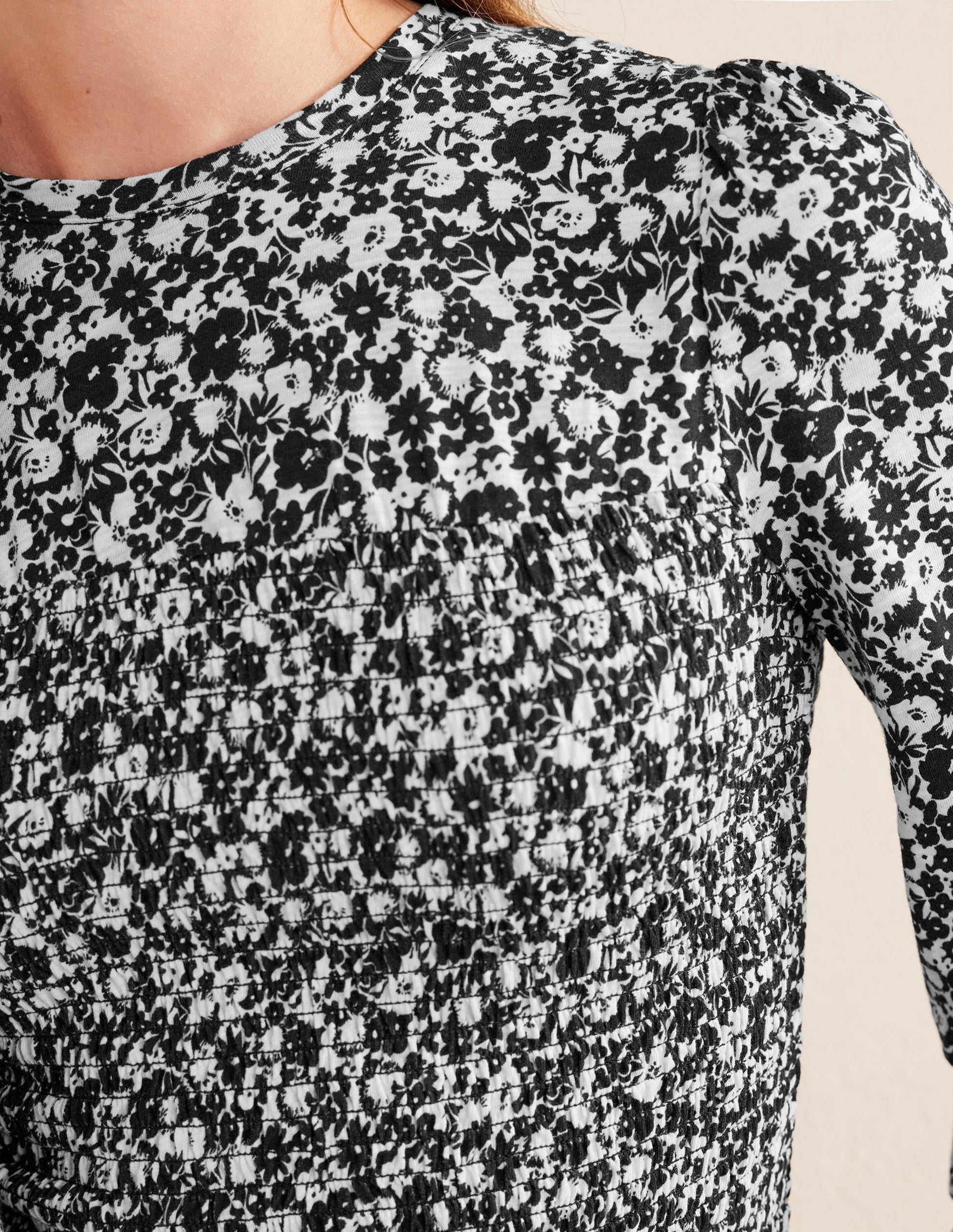 Smocked Bodice Cotton Top-Black Bloom-2