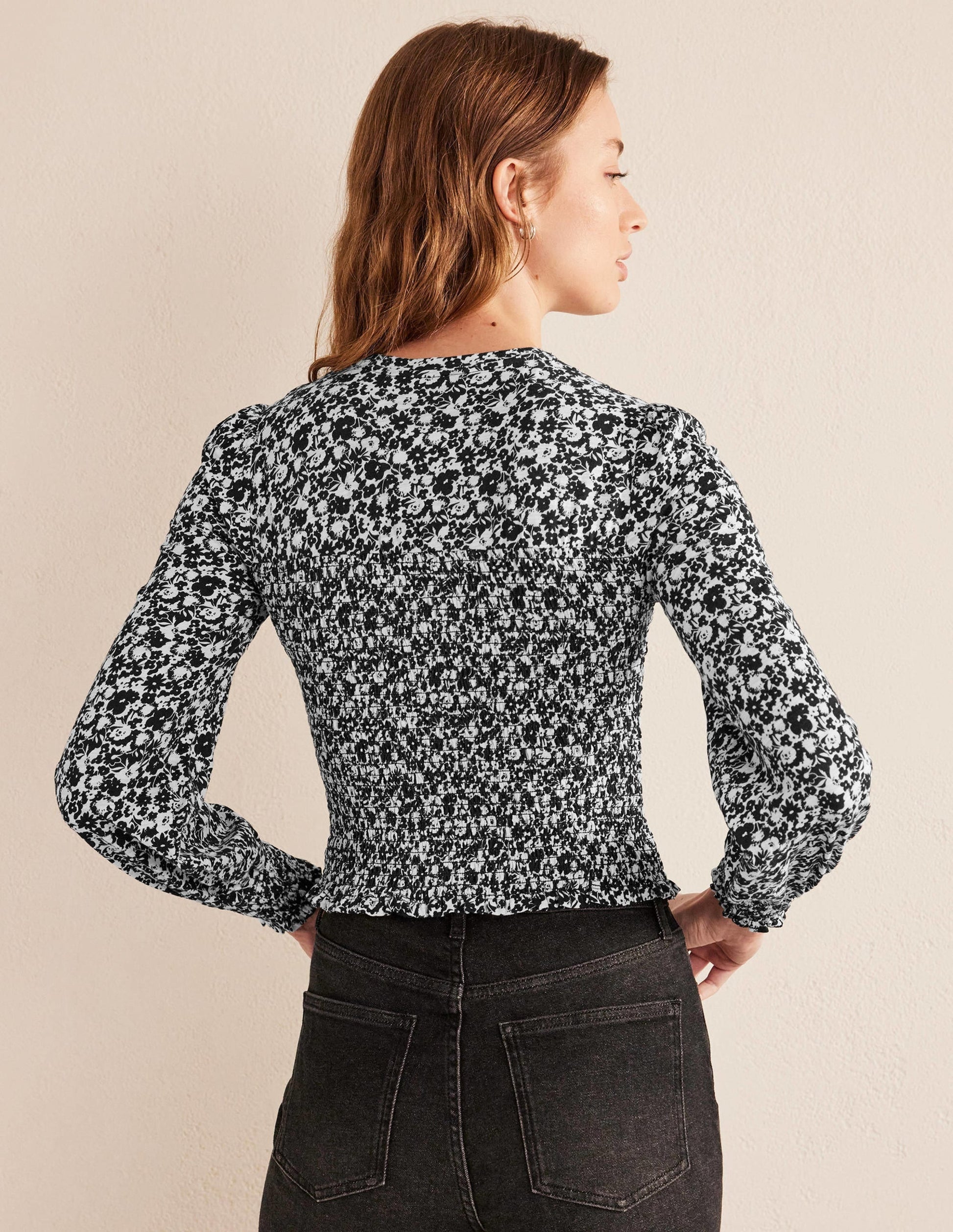 Smocked Bodice Cotton Top-Black Bloom-3