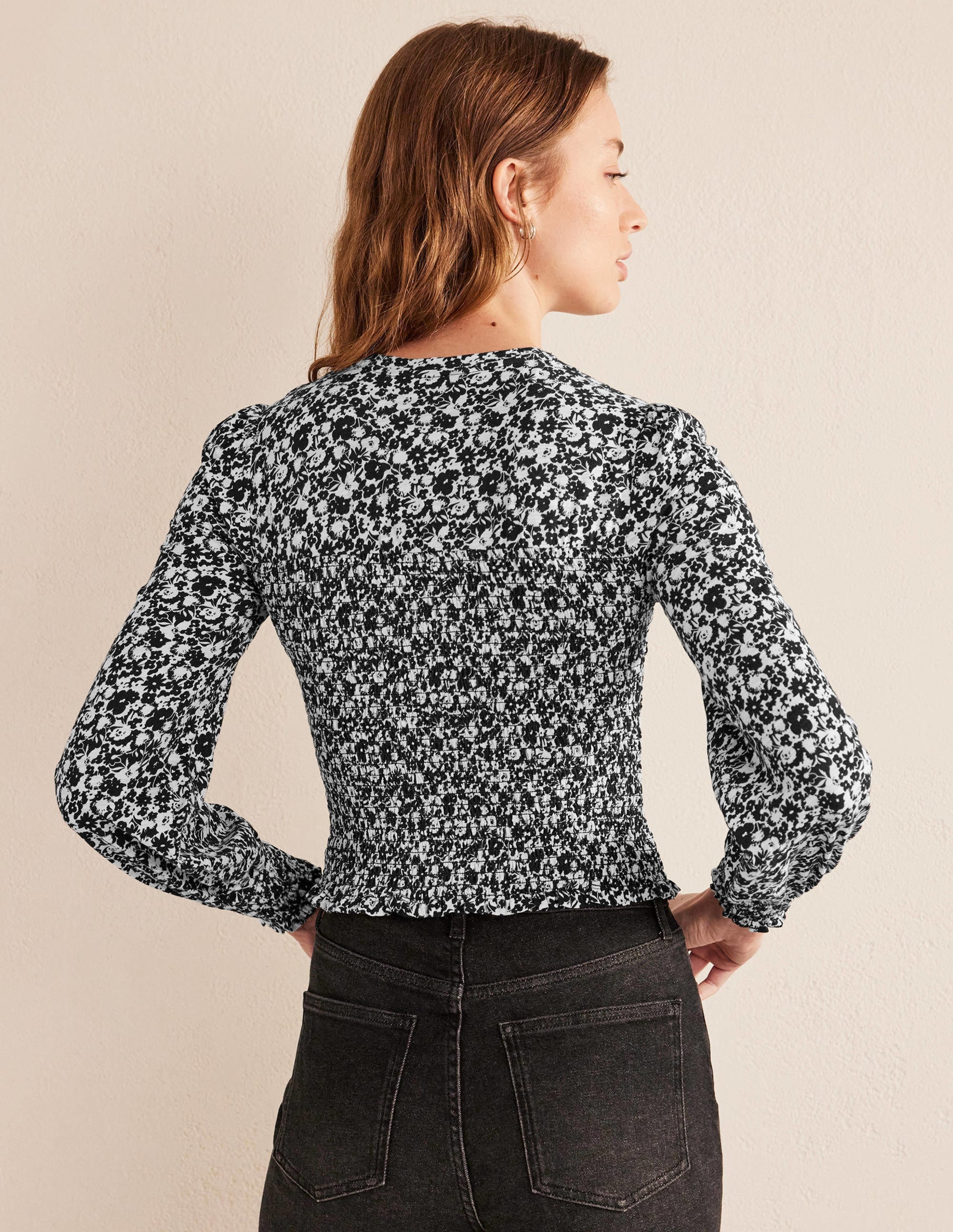 Smocked Bodice Cotton Top-Black Bloom - Image 3