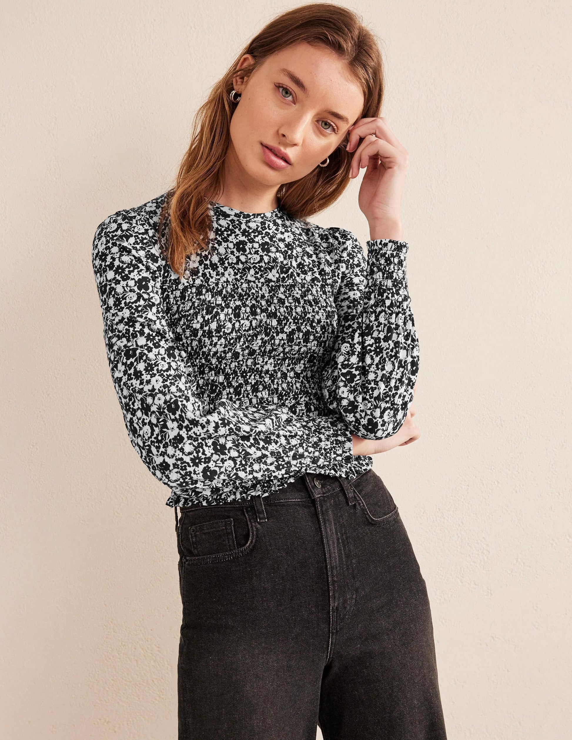 Smocked Bodice Cotton Top-Black Bloom-4