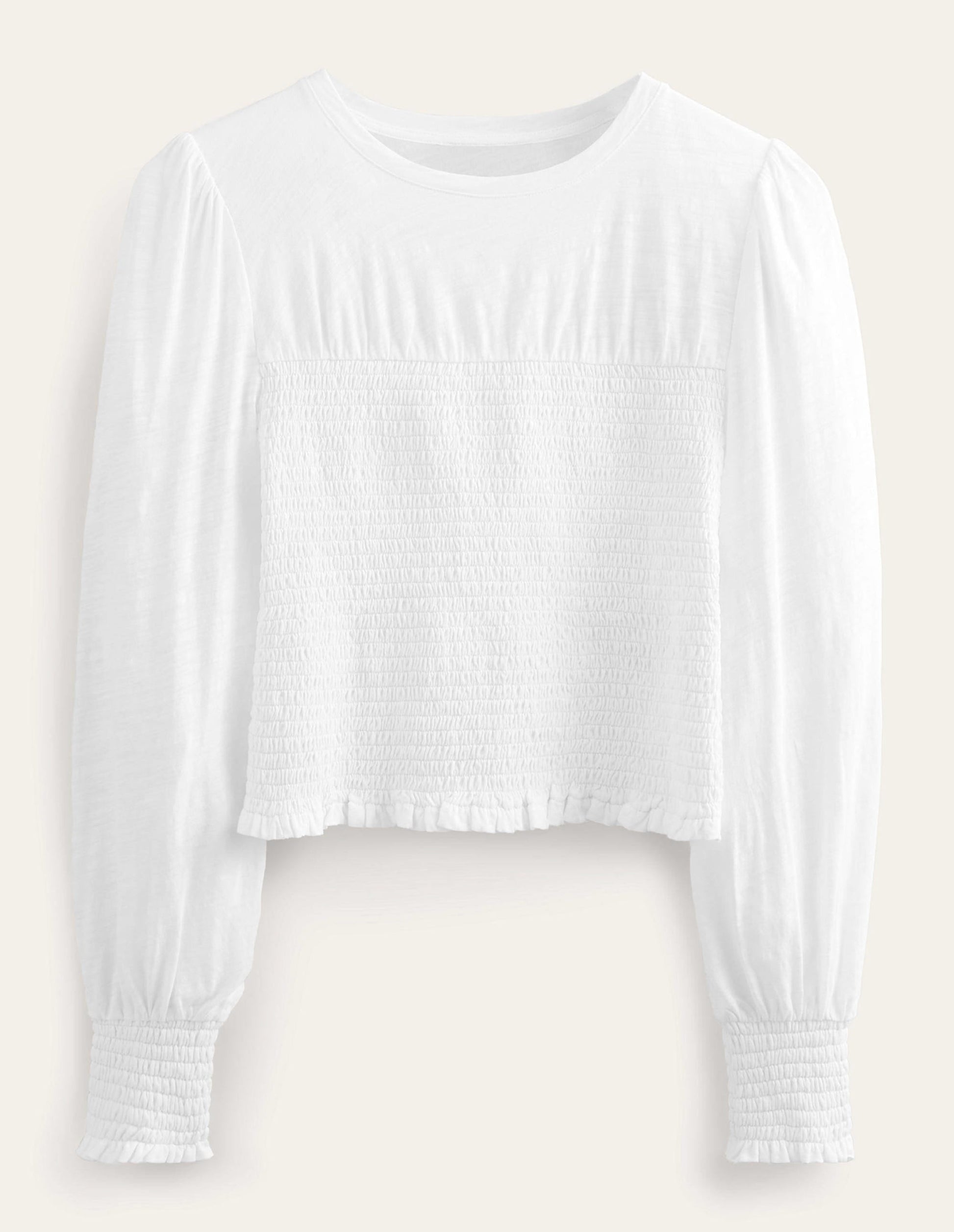 Smocked Bodice Cotton Top-White-5