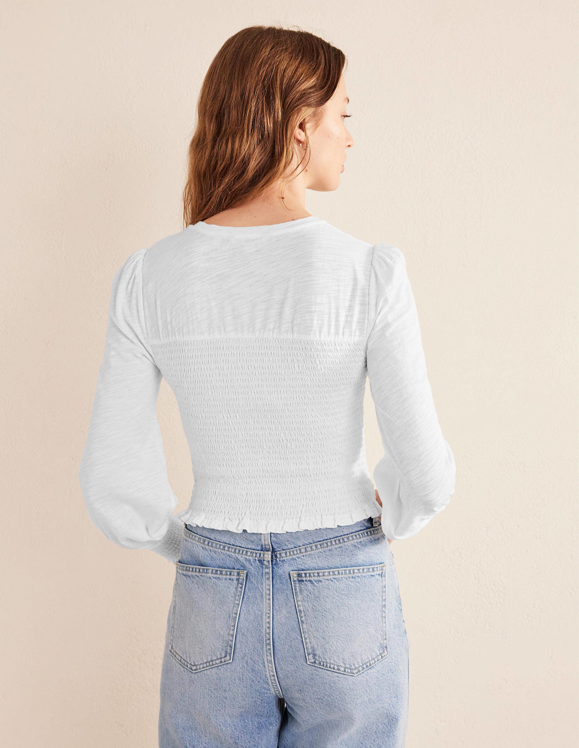 Smocked Bodice Cotton Top-White - Image 3