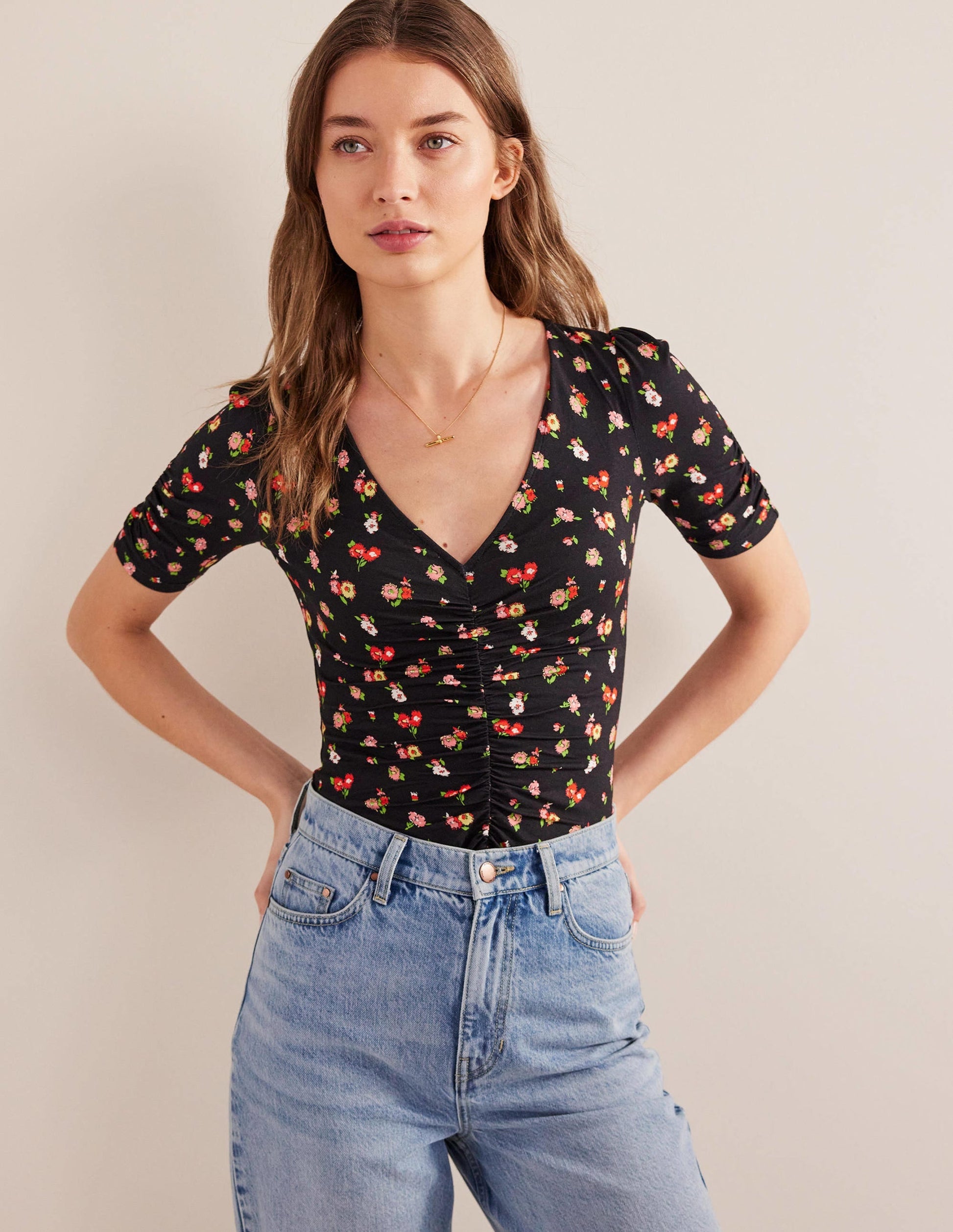 Ruched Front Printed Top-Black, Dainty Sprig-1