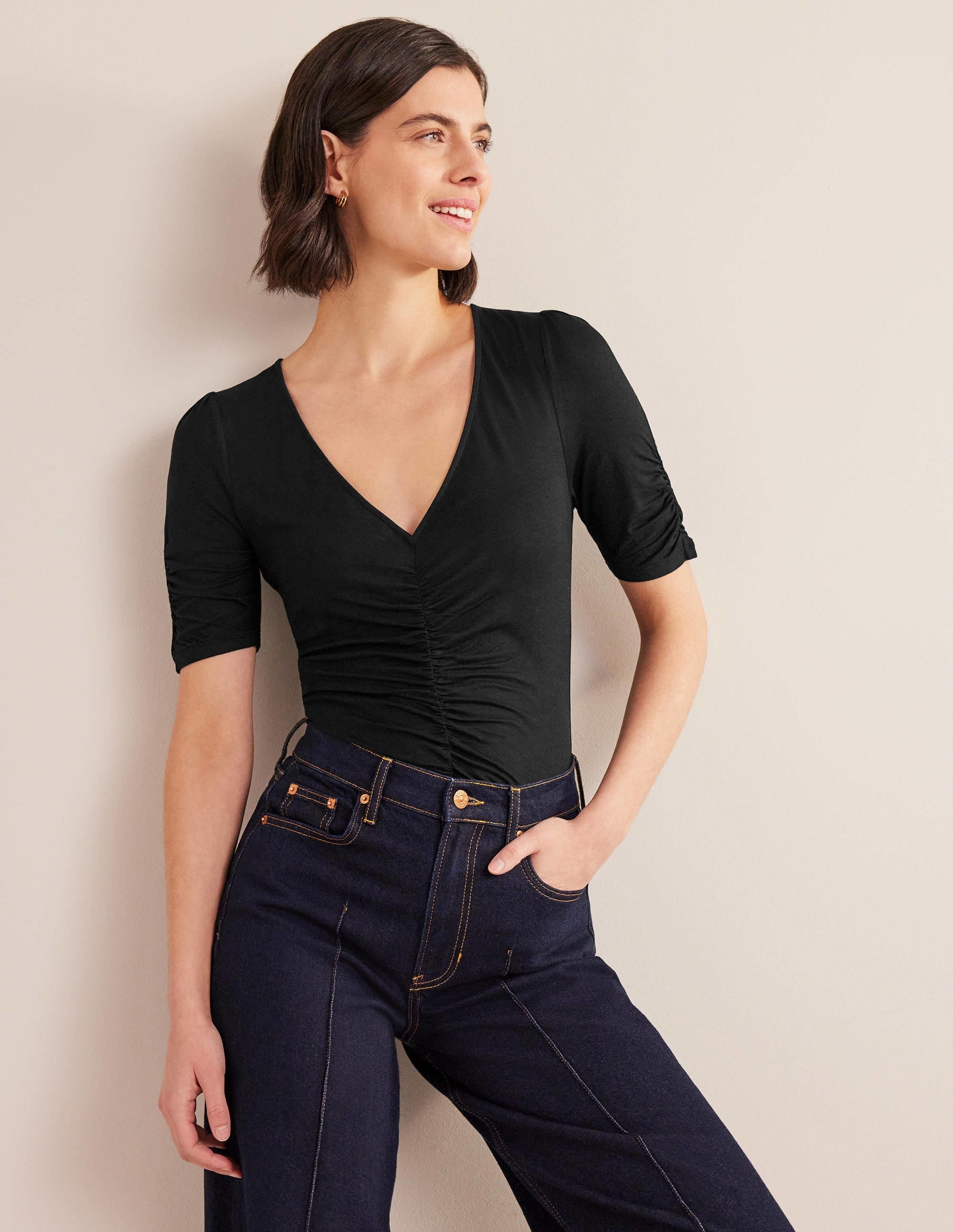 Ruched Front Printed Top-Black - Image 1