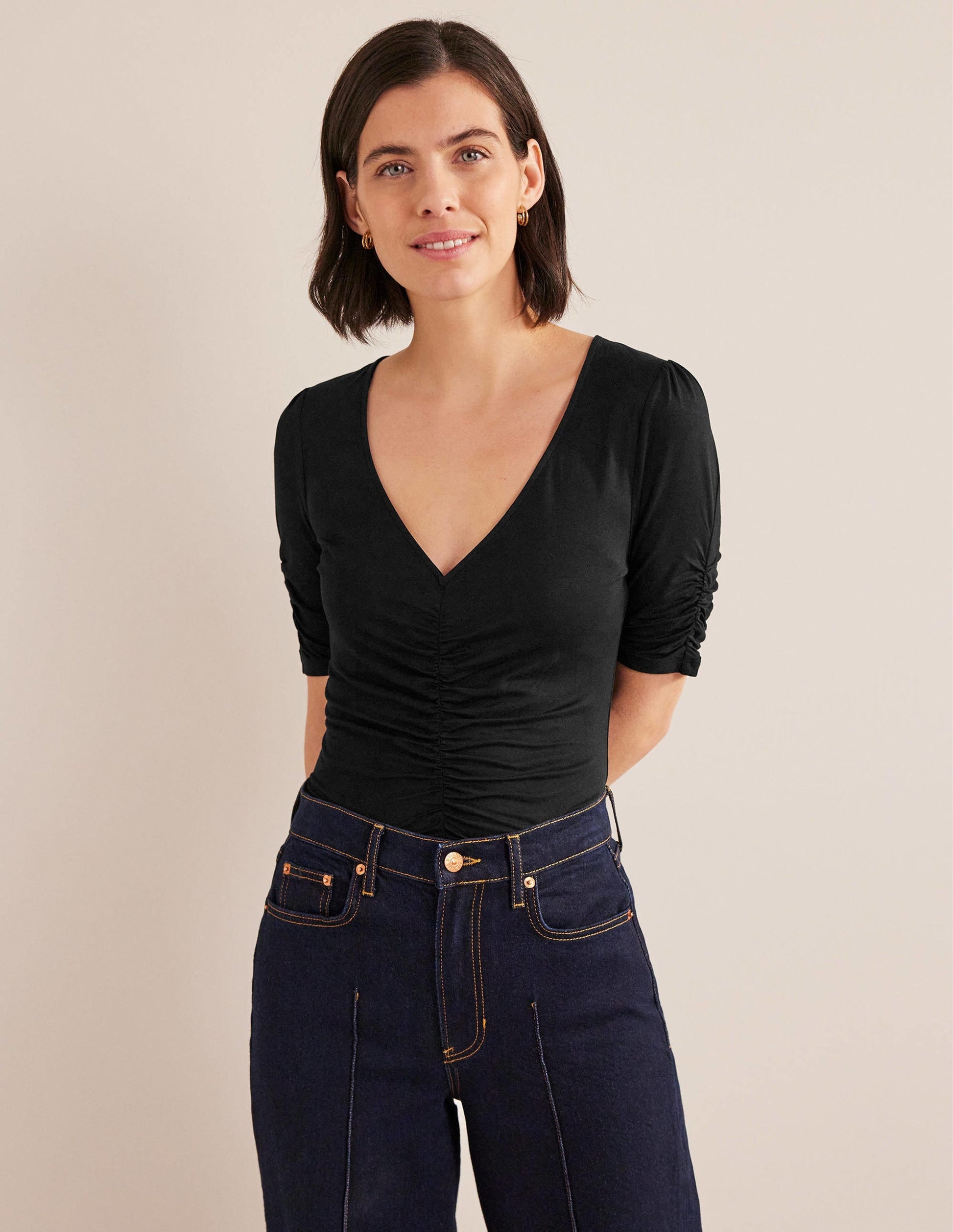 Ruched Front Printed Top-Black-4