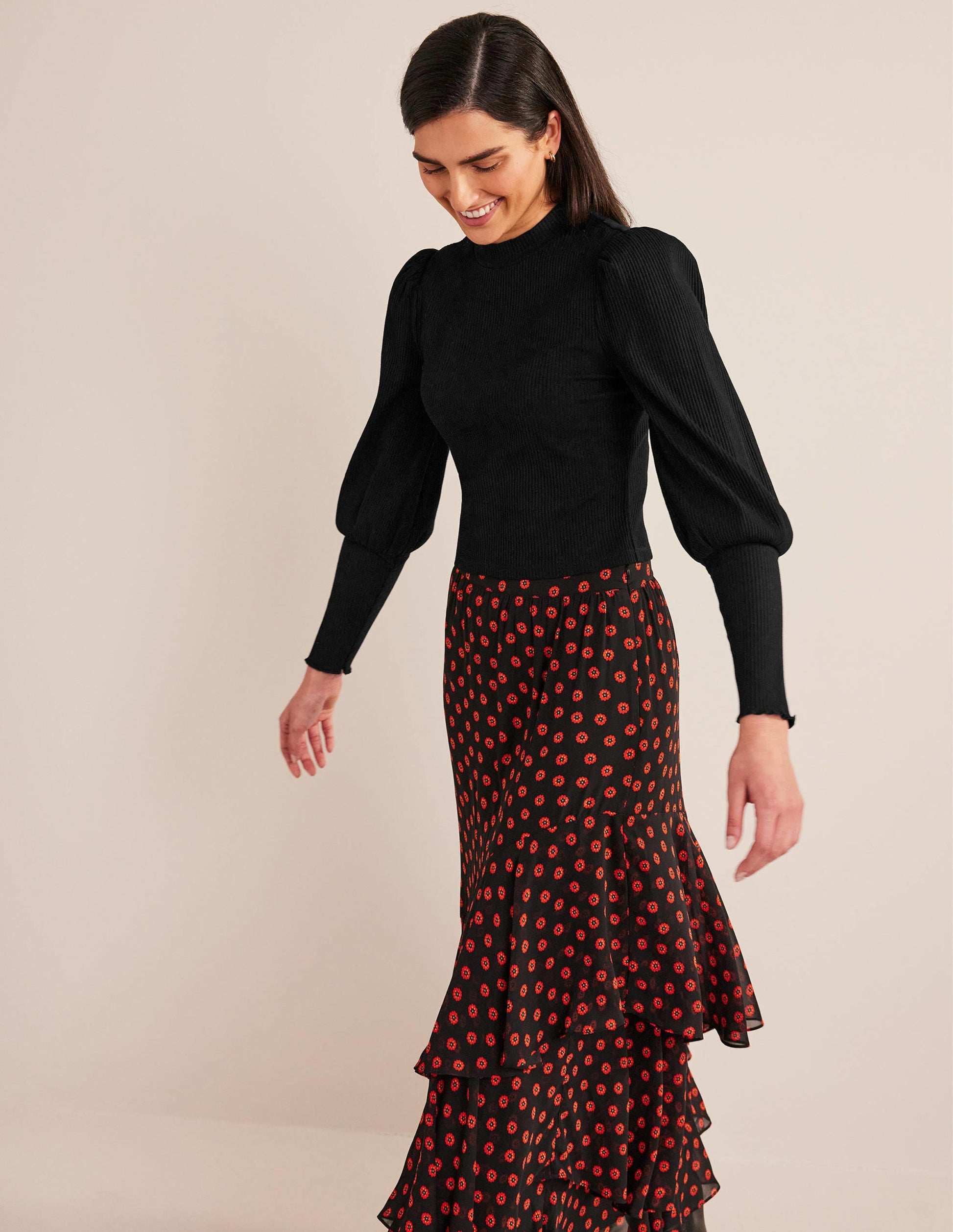 Sleeve Detail Ribbed Top-Black-1