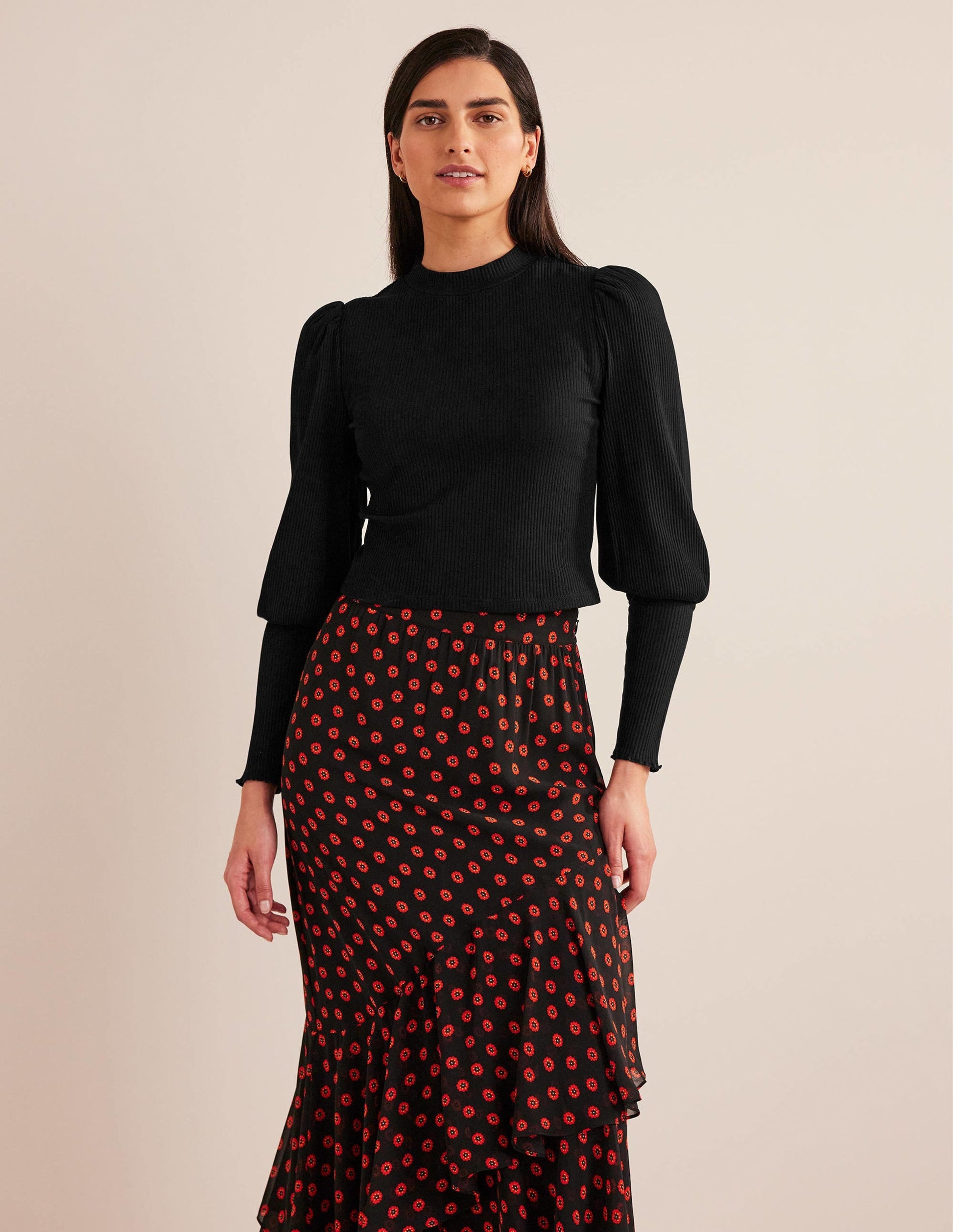 Sleeve Detail Ribbed Top-Black-4