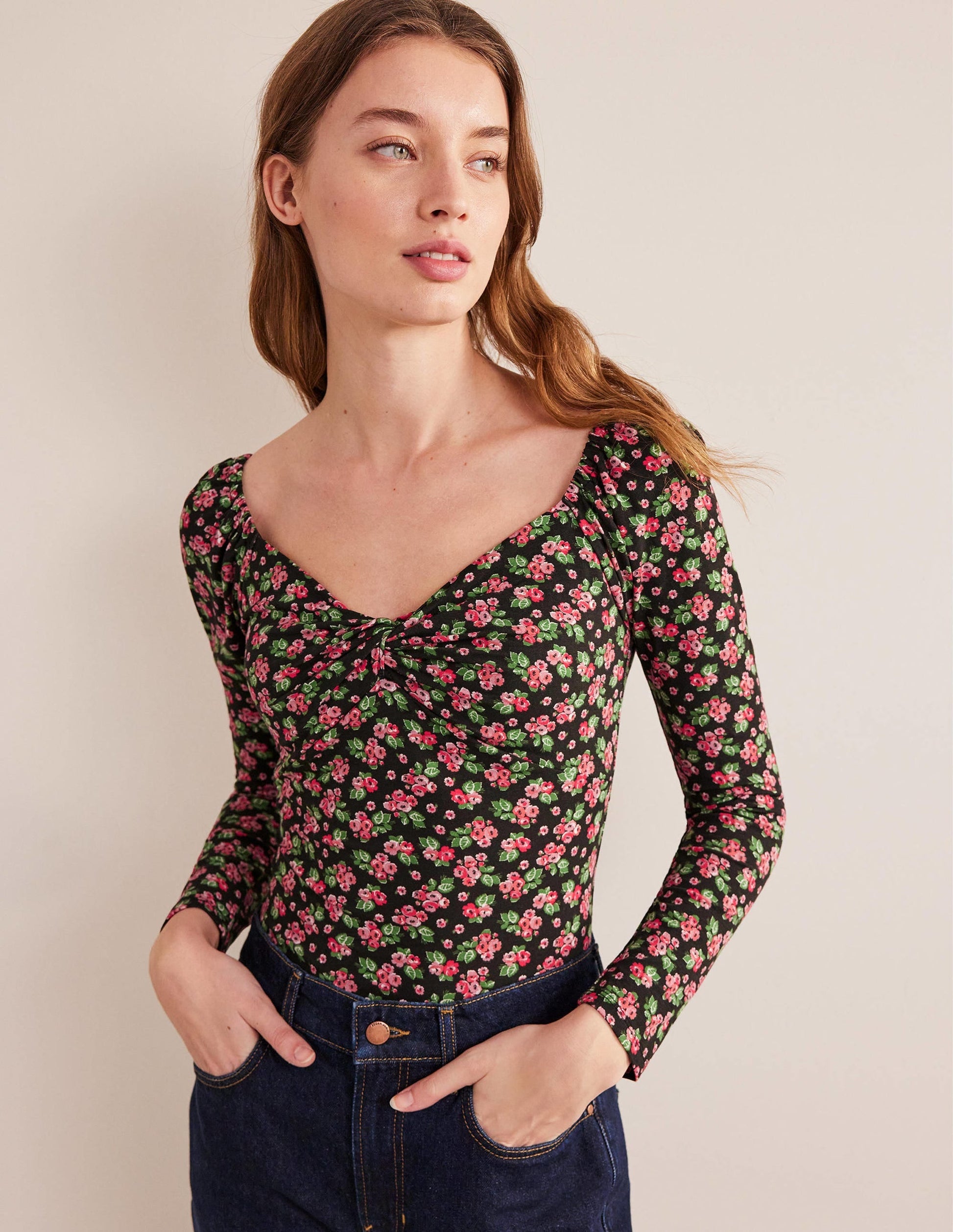 Sweetheart Jersey Top-Black, Diamond Rose-1