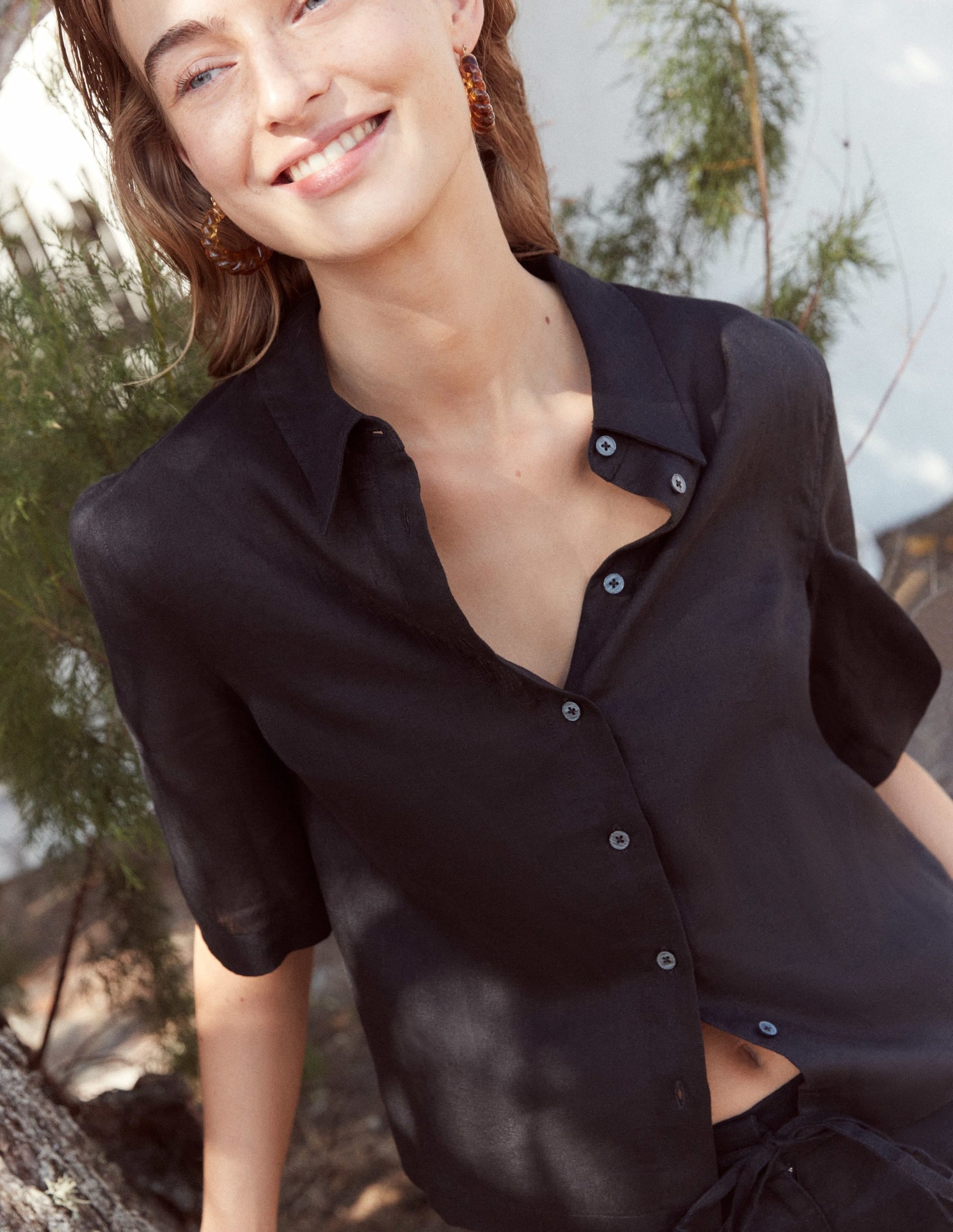 Short Sleeve Linen Shirt-Black-7