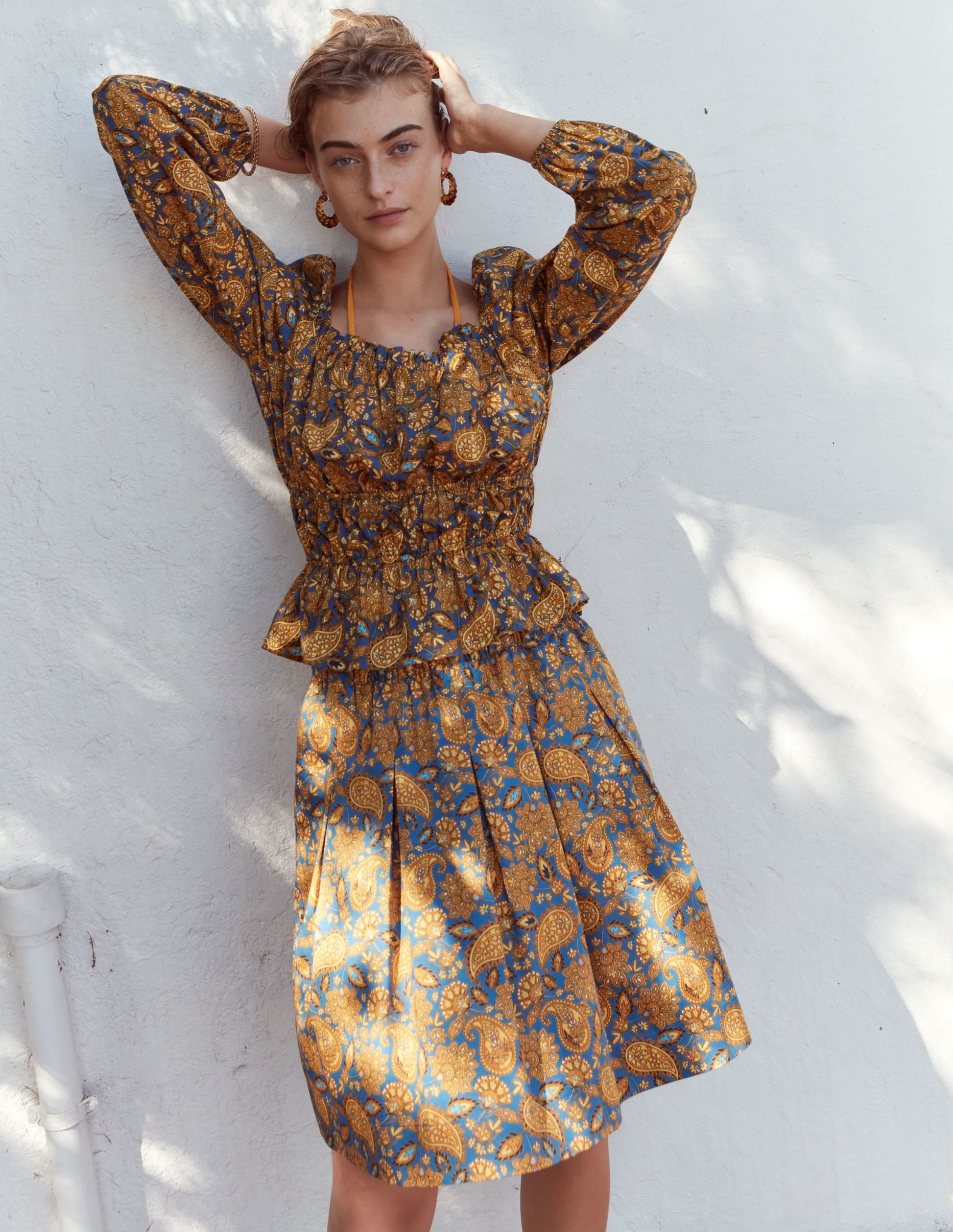 Ruched Waist Peplum Top-Harvest Gold, Paisley Terrace-5