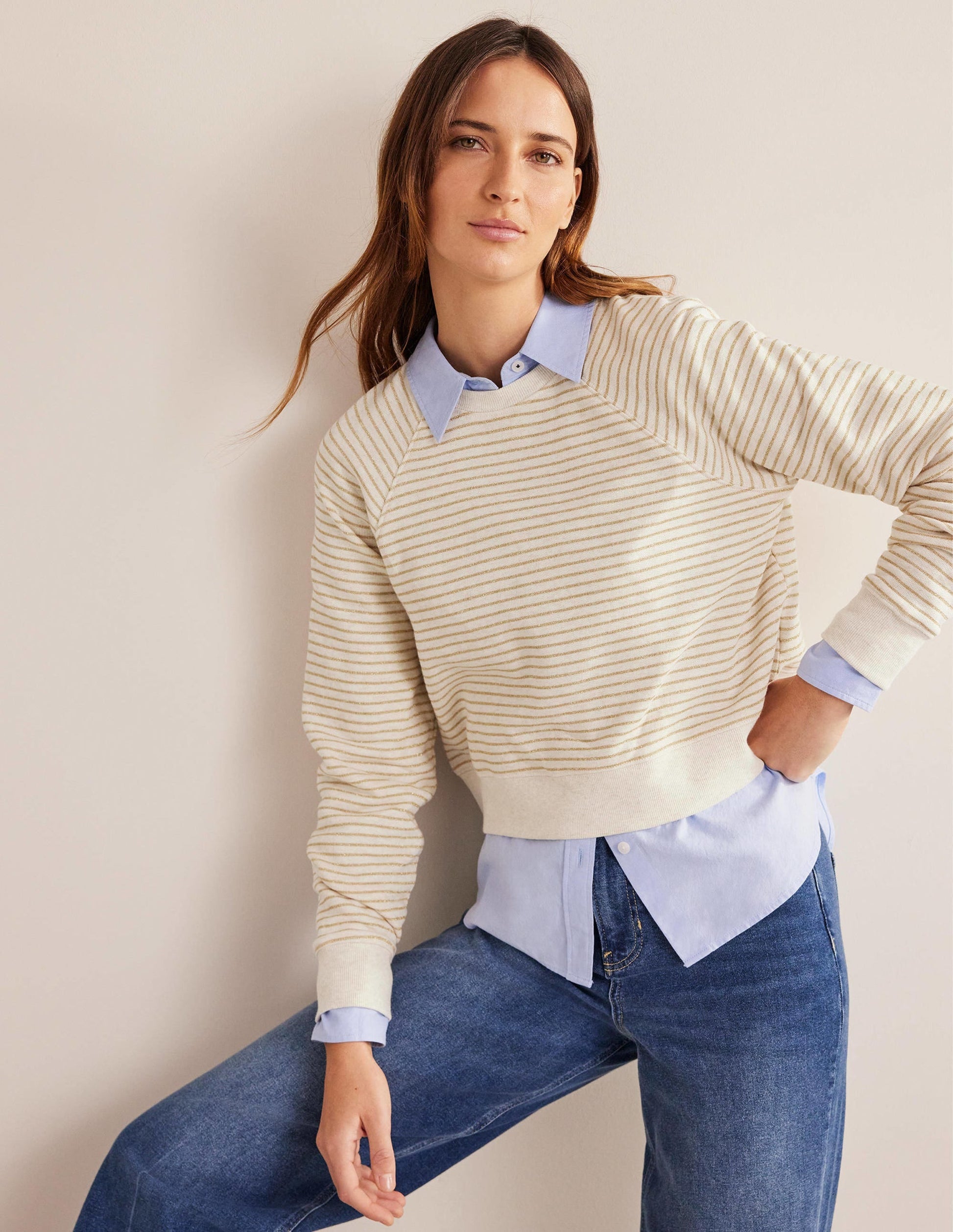 Metallic Stripe Sweatshirt-Oatmeal Marl, Gold Stripe-1