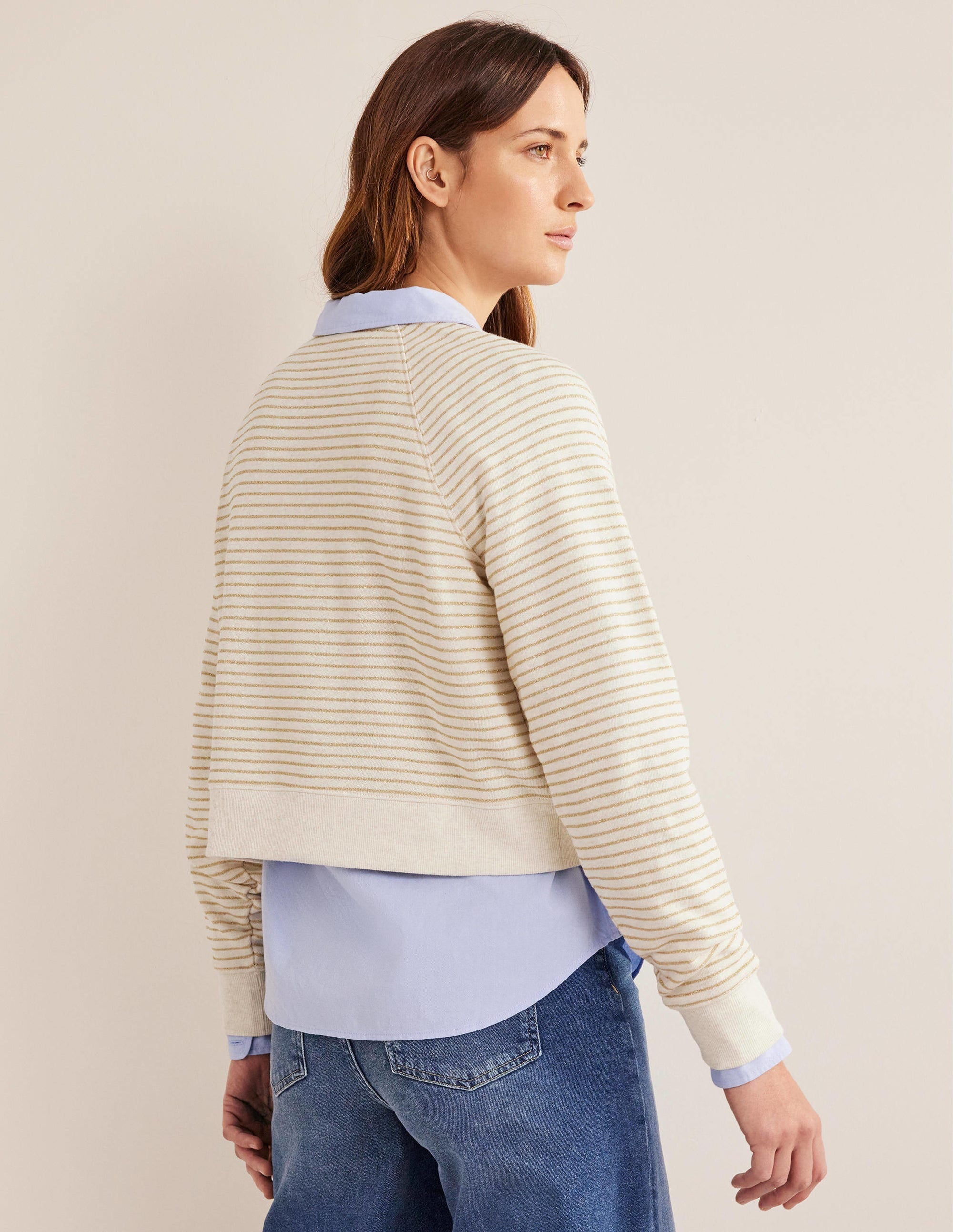 Metallic Stripe Sweatshirt-Oatmeal Marl, Gold Stripe - Image 3