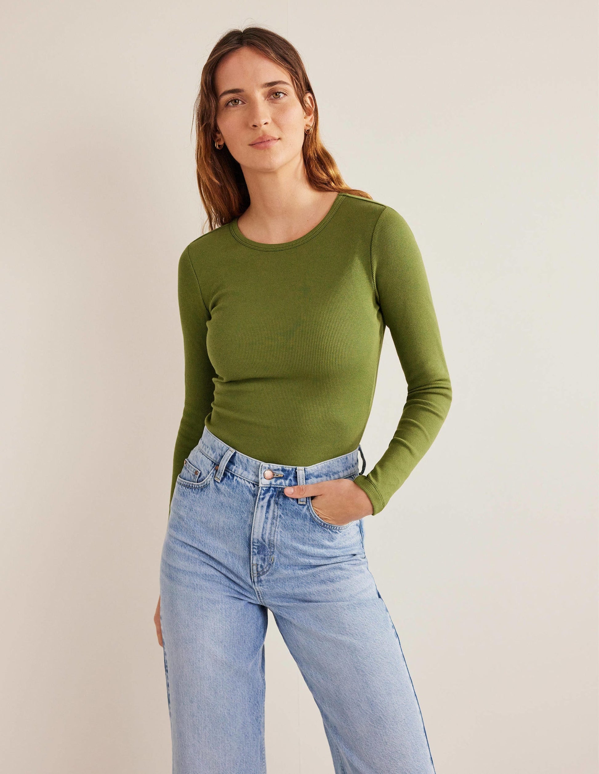 Cotton Ribbed Long Sleeve Top-Washed Khaki-4