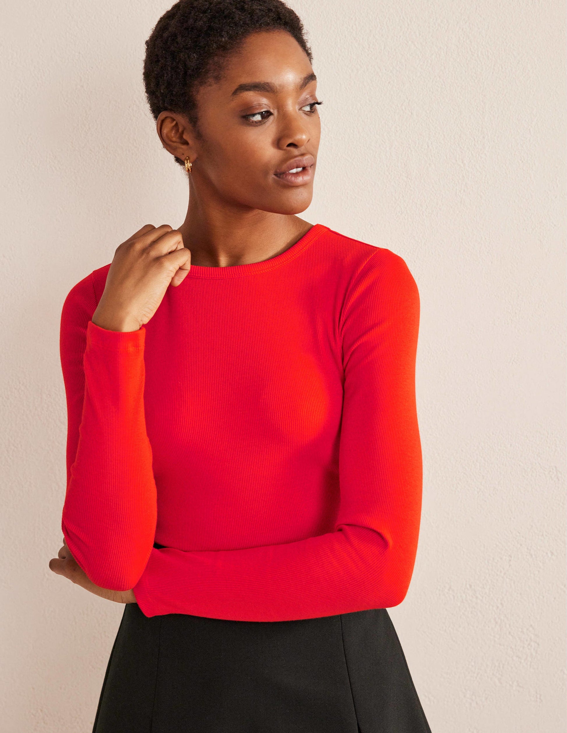 Cotton Ribbed Long Sleeve Top-Red Pop-1