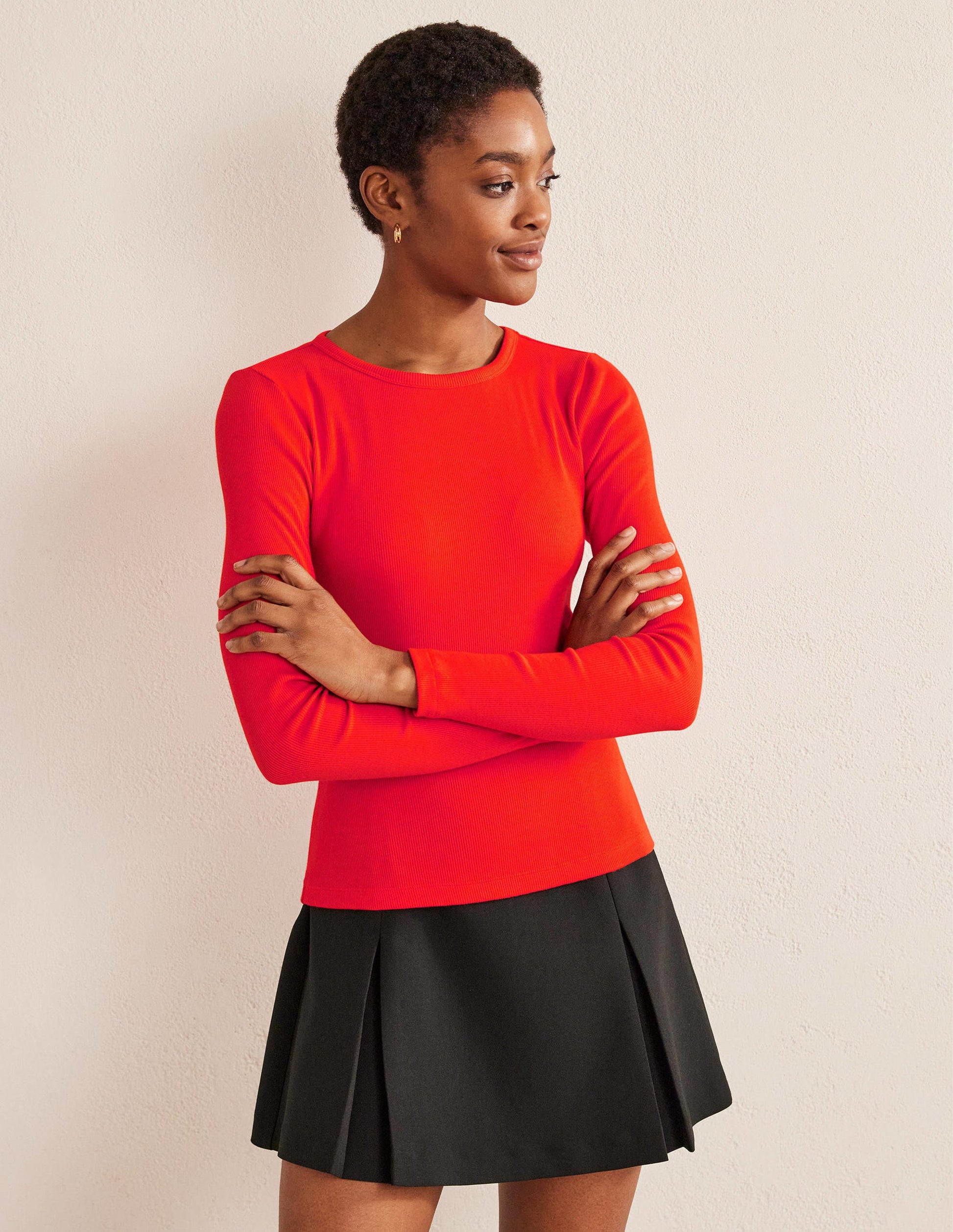Cotton Ribbed Long Sleeve Top-Red Pop-4