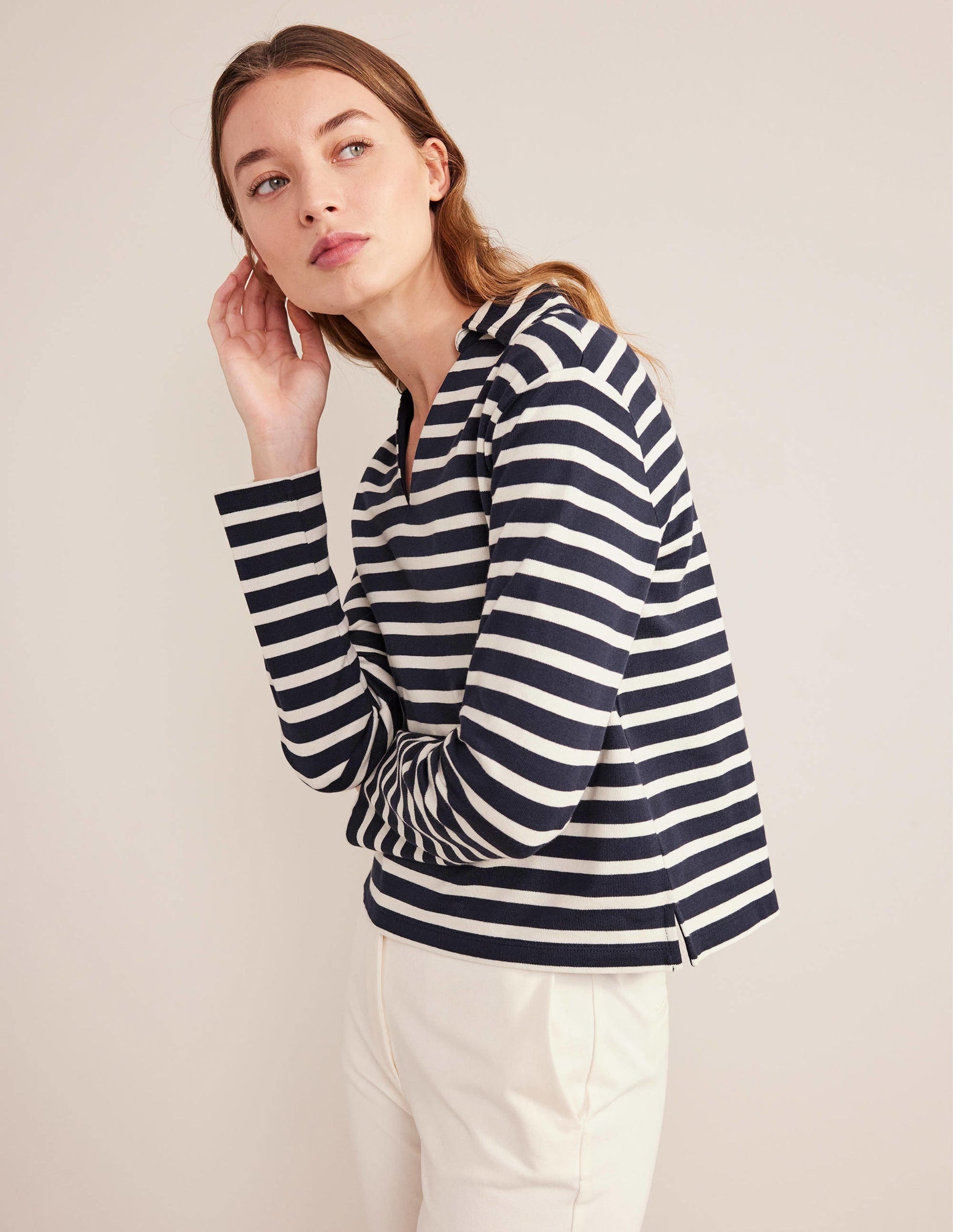 Notch Collar Stripe Top-Navy/Ivory Stripe-1