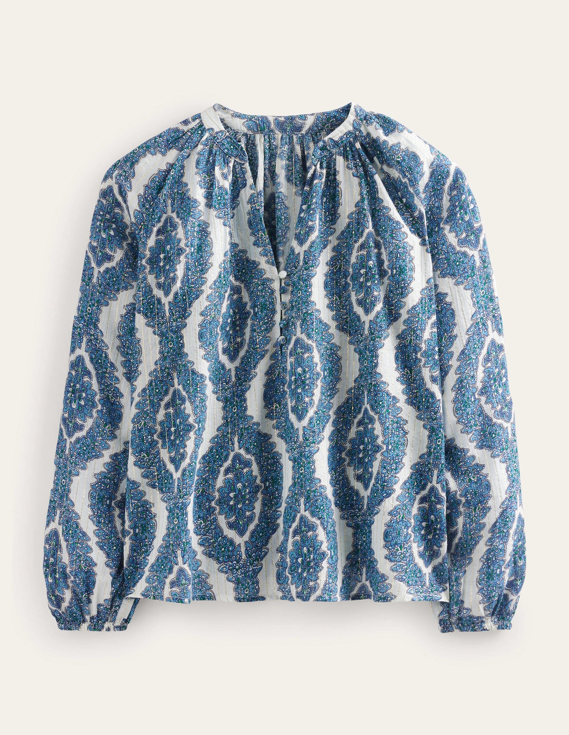 Printed Notch-Neck Sparkle Top-Blue, Botanic Wreath-5