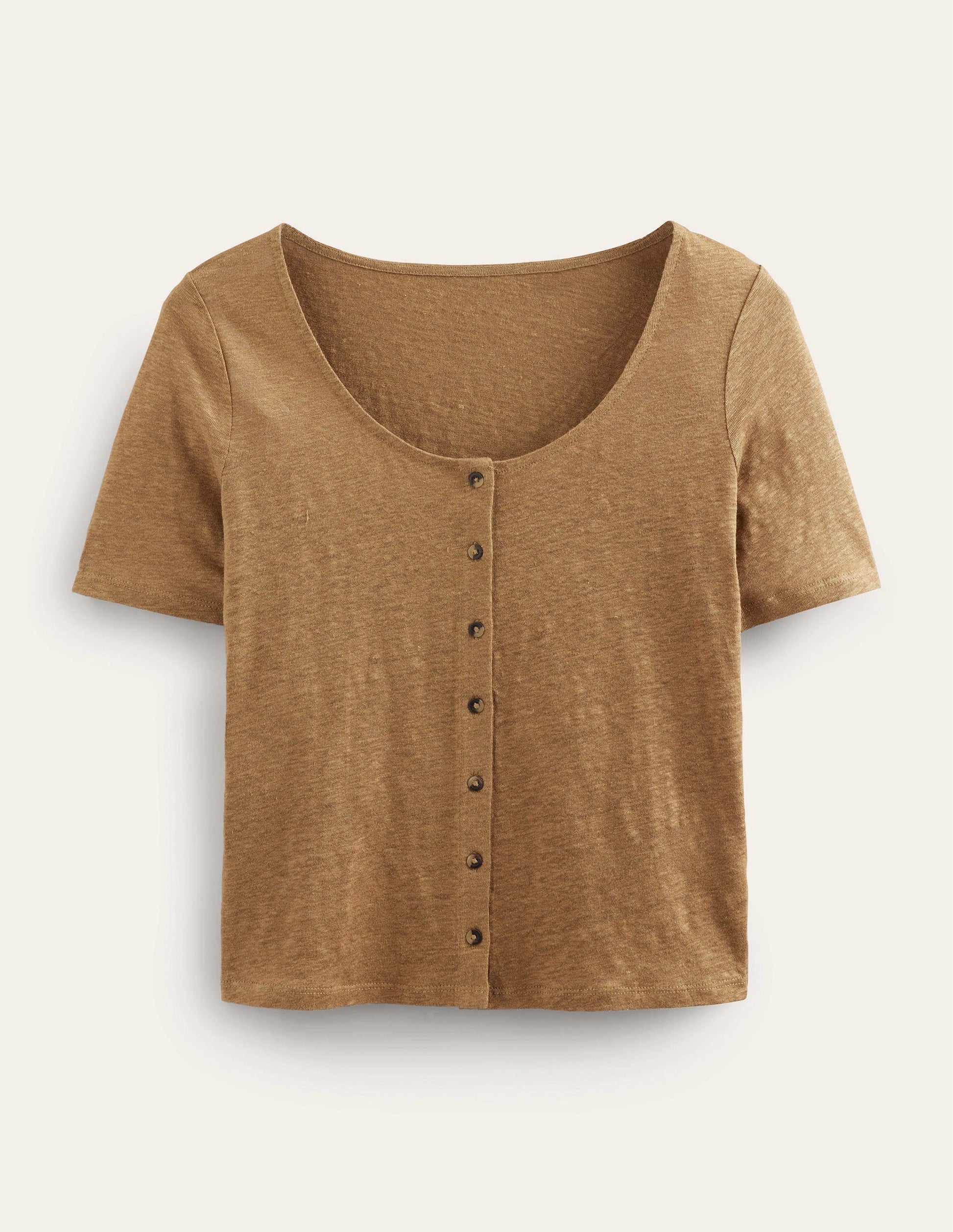 Scoop Neck Linen T-shirt-Camel-5