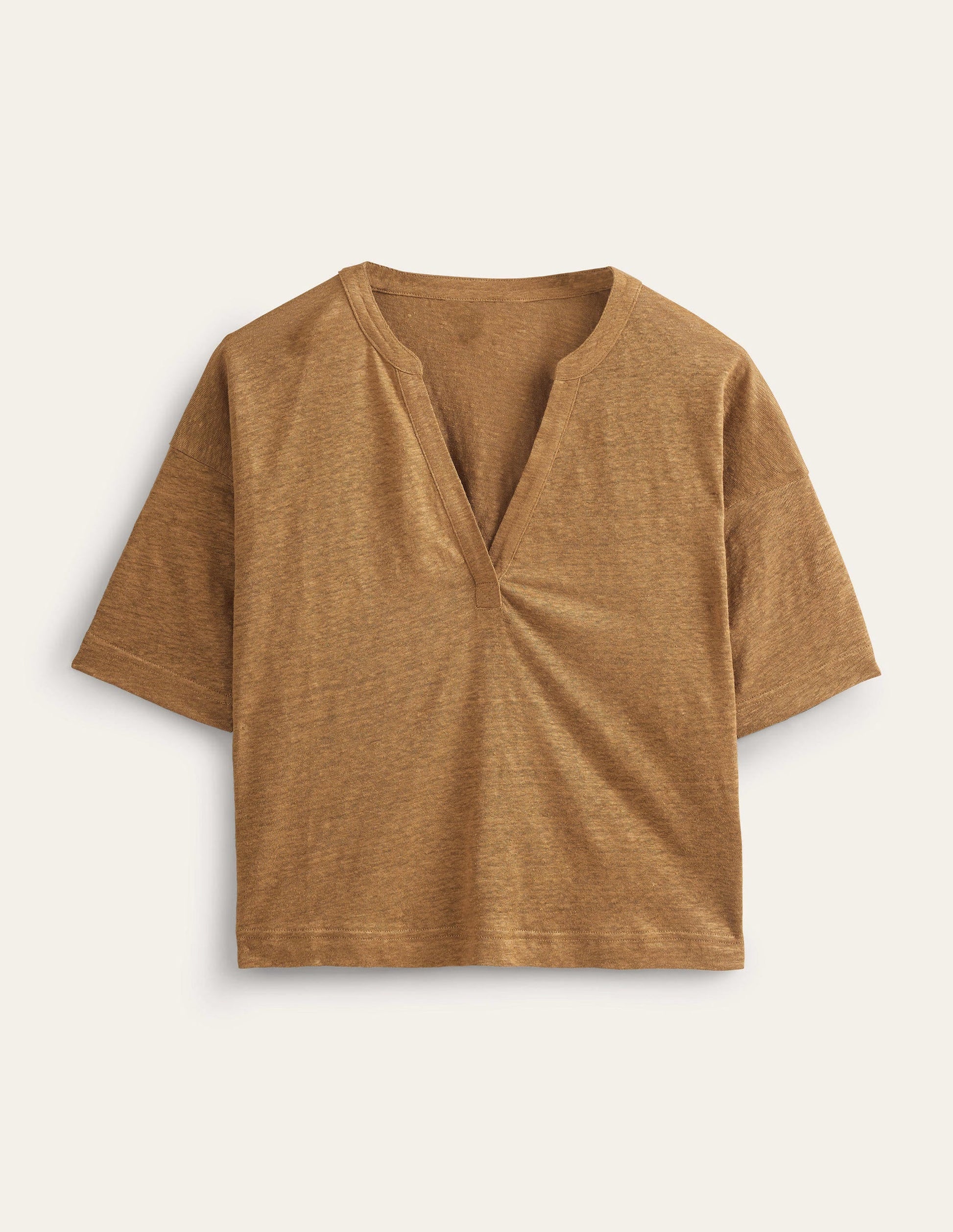 Notch Neck Linen Henley Top-Camel-5