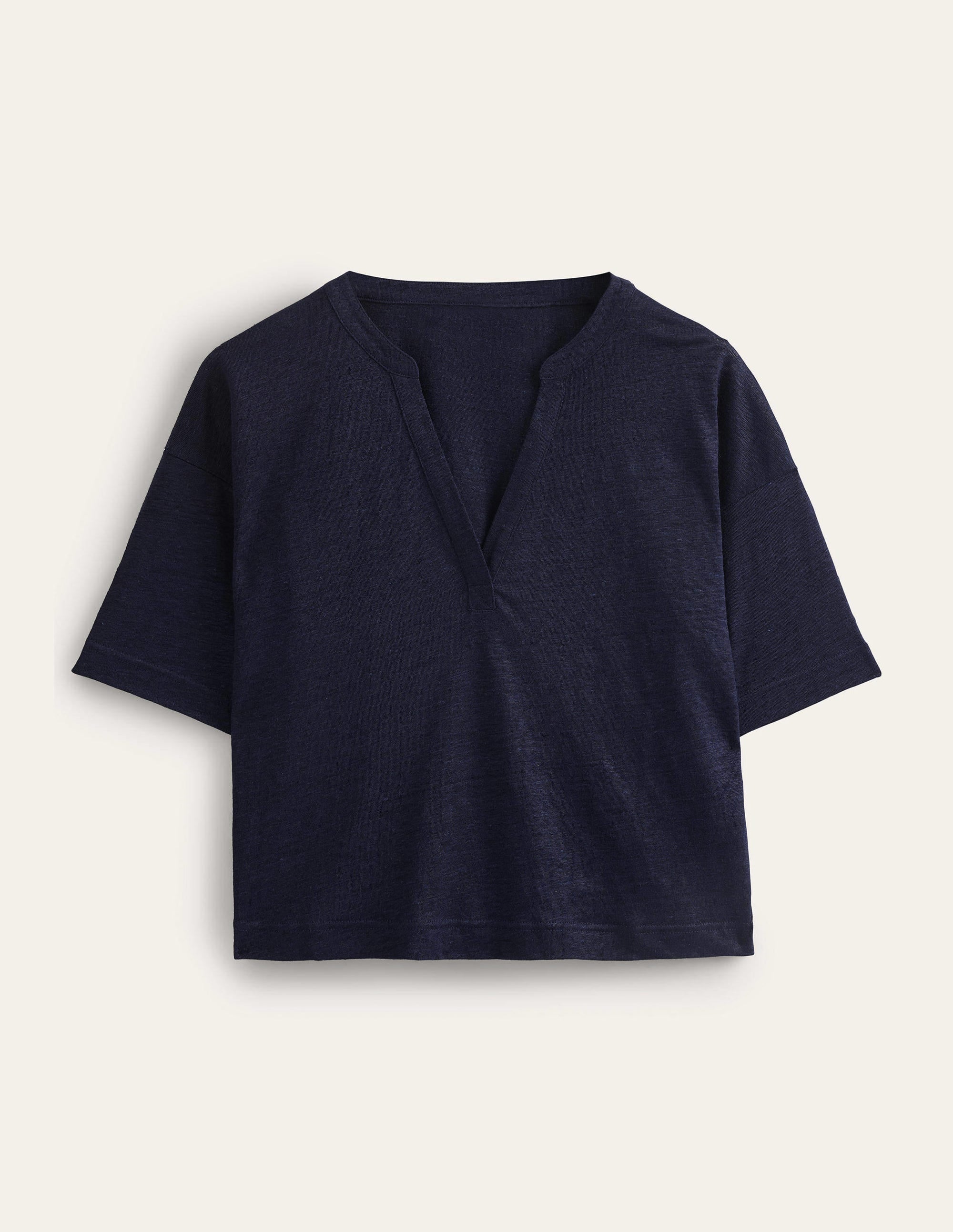 Notch Neck Linen Henley Top-Navy - Image 5