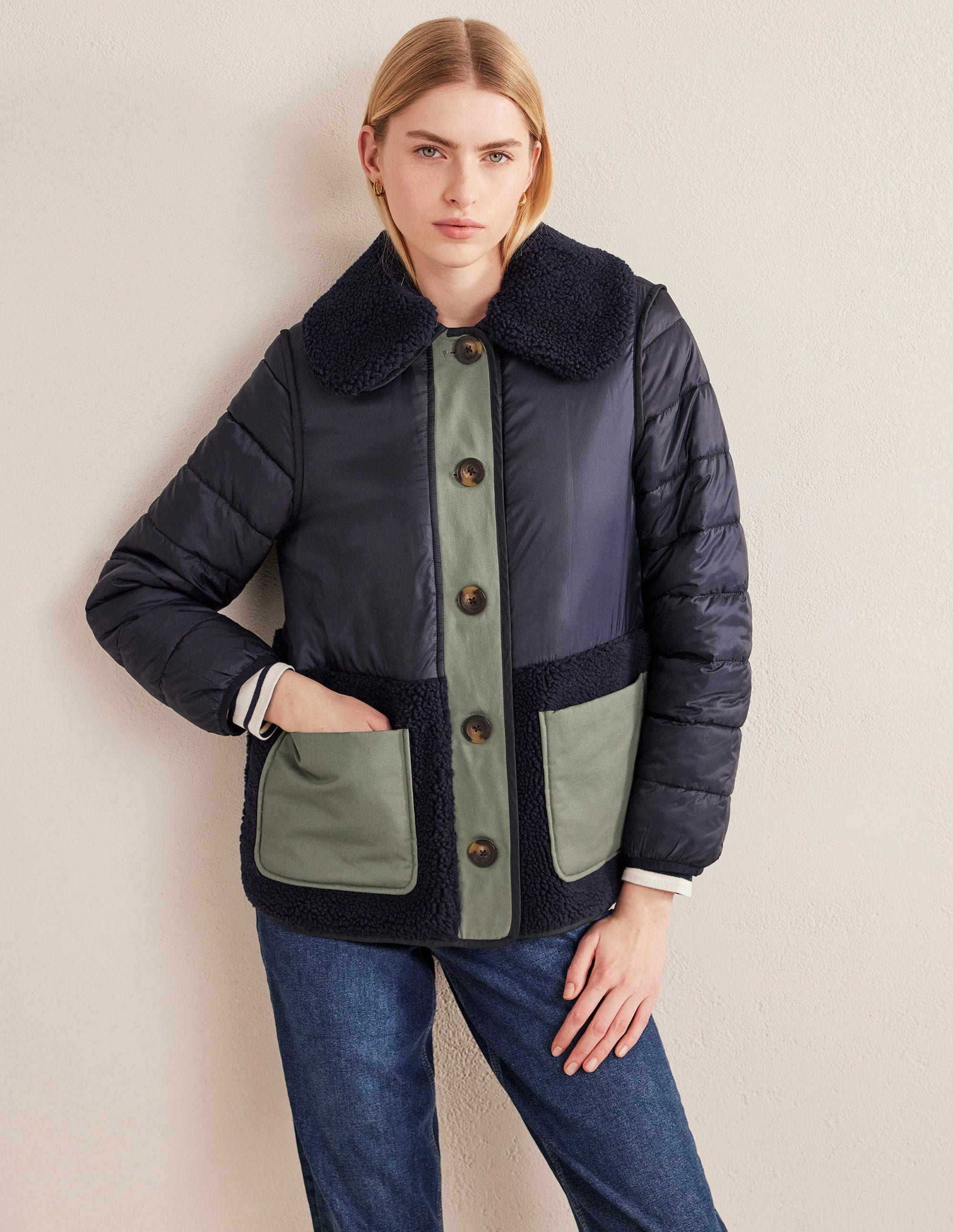 Quilted Borg Jacket-Navy - Image 5