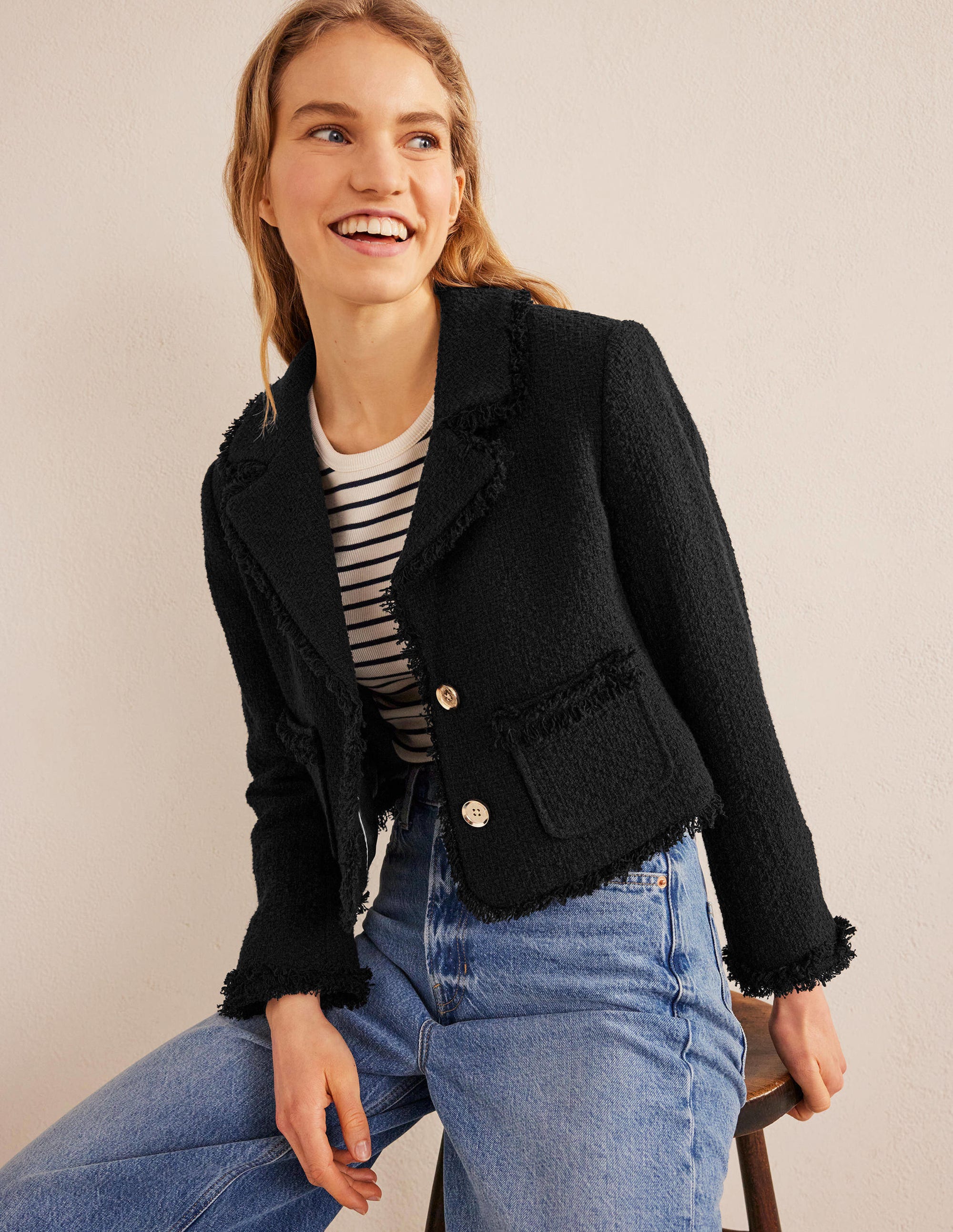 Textured Fitted Cropped Jacket-Black - Image 1