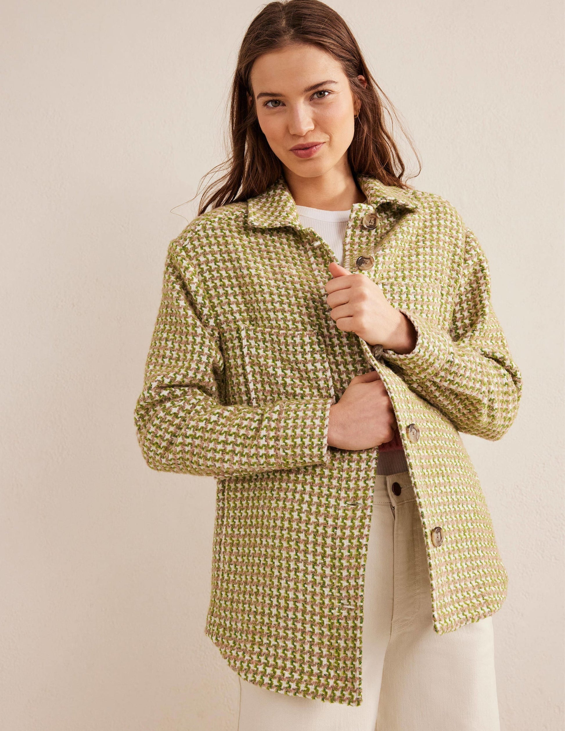 Relaxed Textured Overshirt-Pink and Green Houndstooth-1