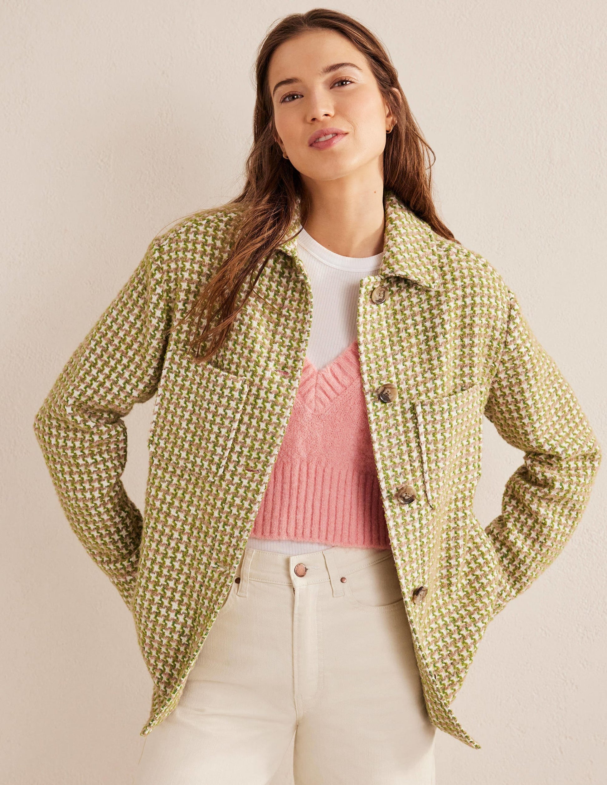 Relaxed Textured Overshirt-Pink and Green Houndstooth-4