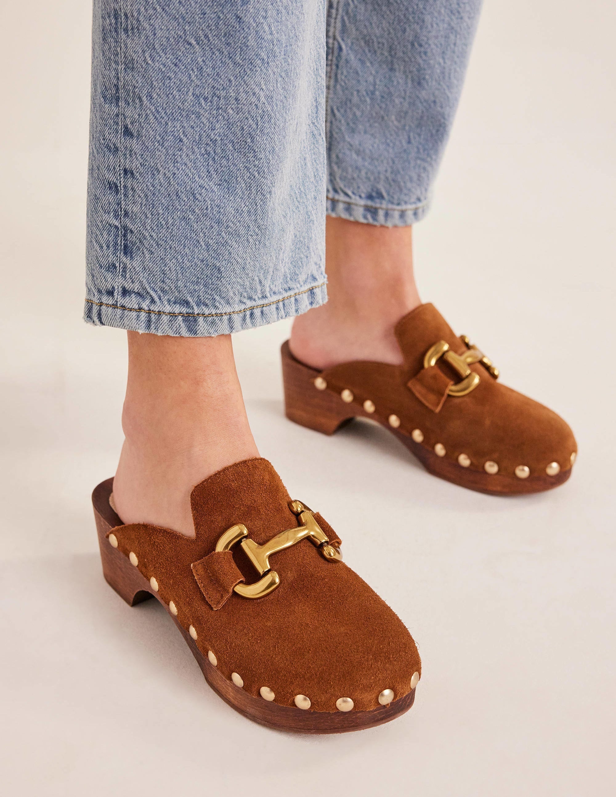 Iris Snaffle Heeled Clogs-Golden Brown Suede - Image 1
