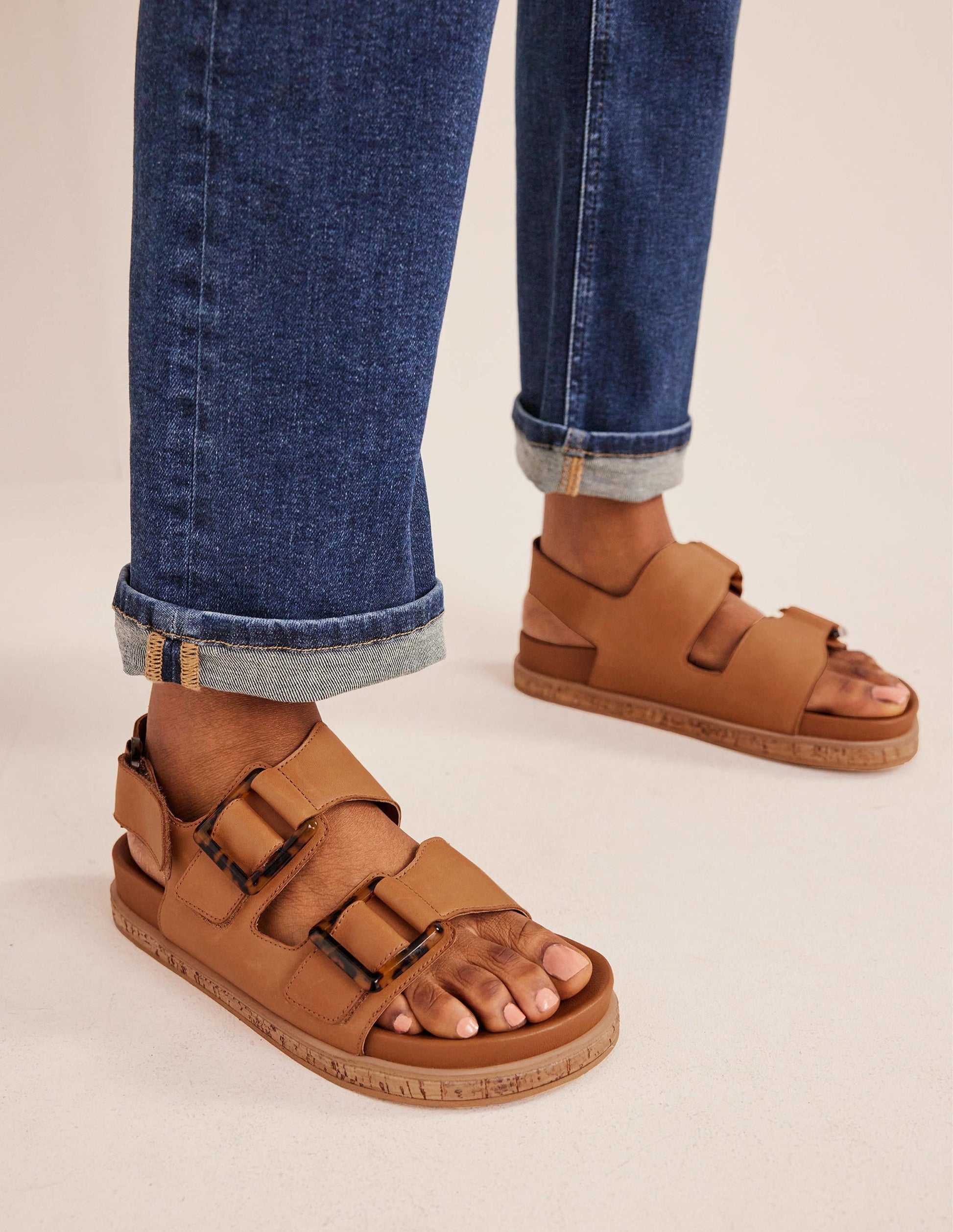 Chunky Flat Buckled Sandals-Golden Brown-5