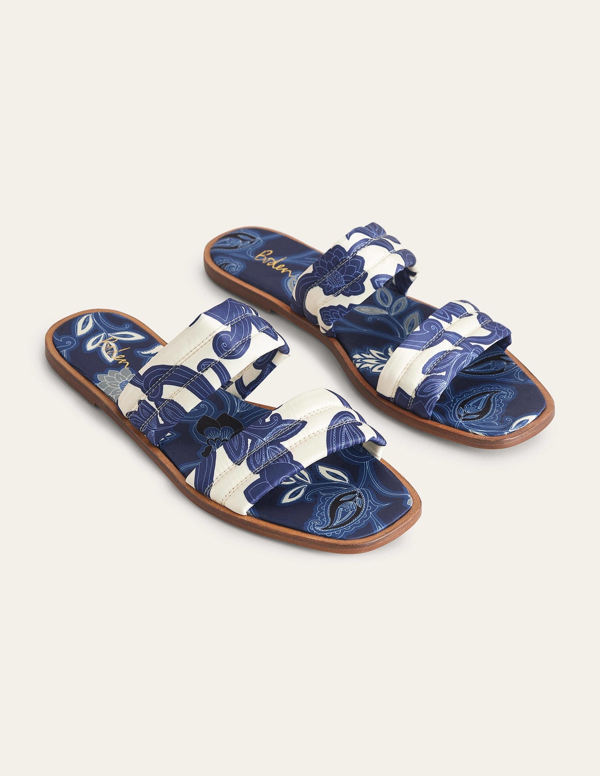 Printed Satin Slide Sandals-Blue Ribbon, Paisley Whirl-2
