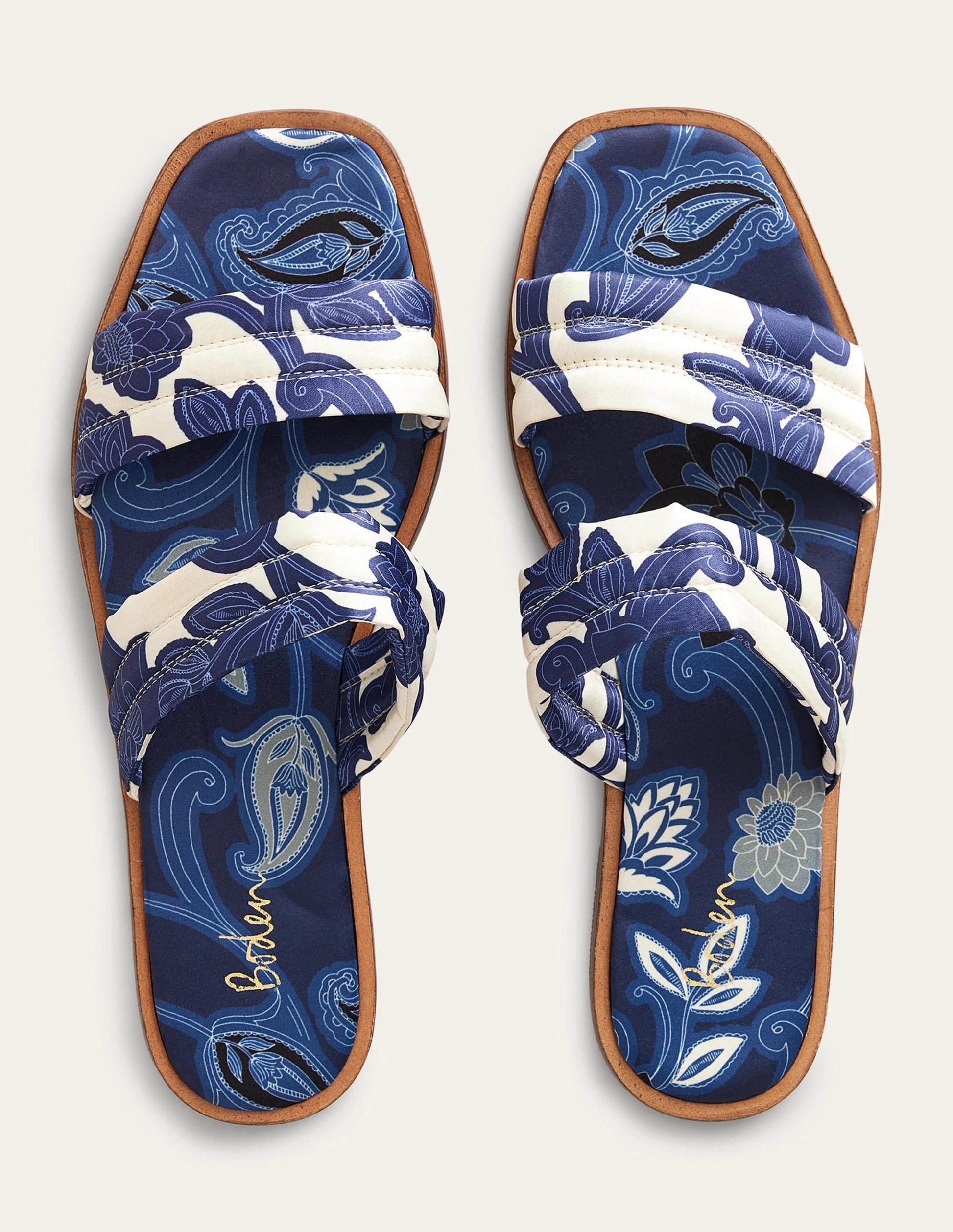 Printed Satin Slide Sandals-Blue Ribbon, Paisley Whirl-4