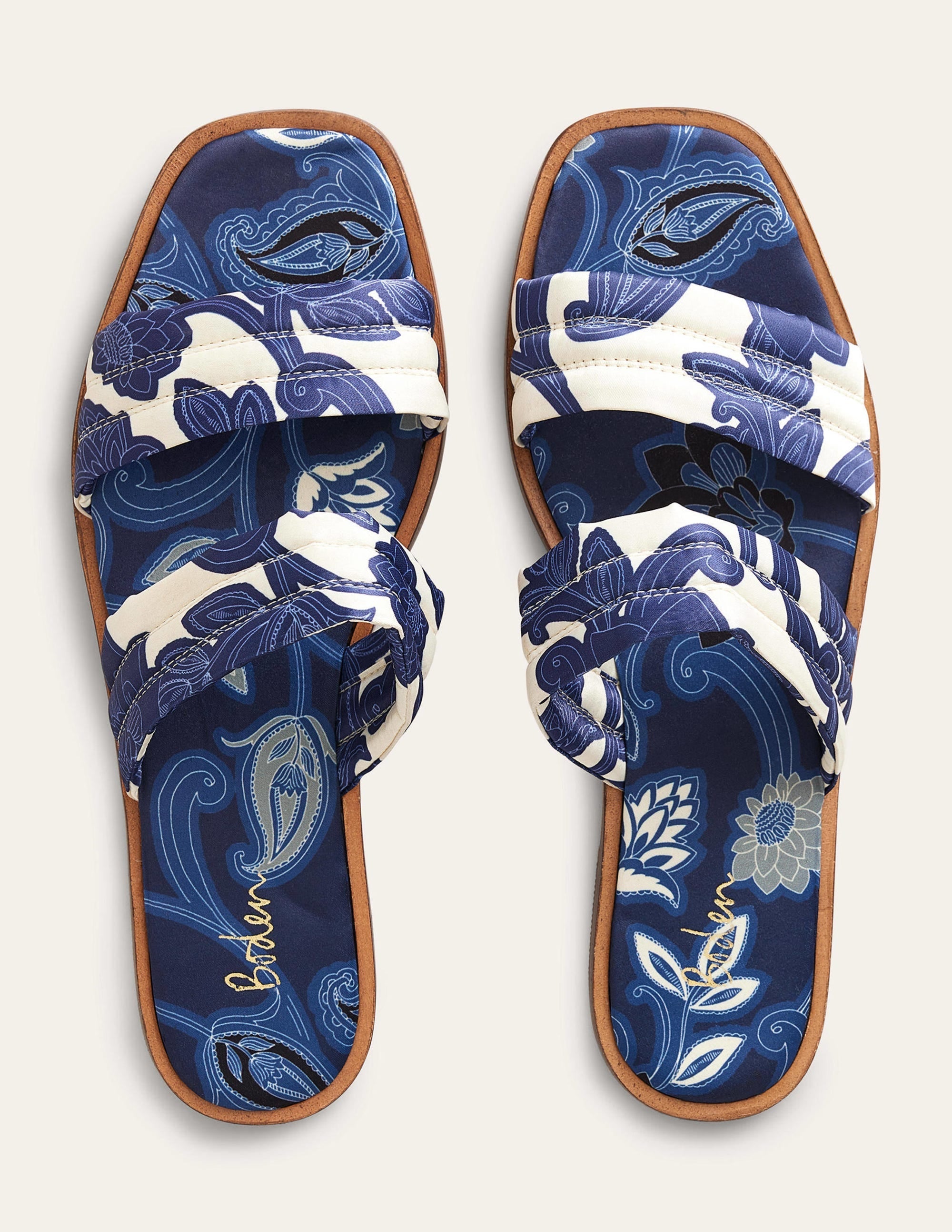 Printed Satin Slide Sandals-Blue Ribbon, Paisley Whirl - Image 4
