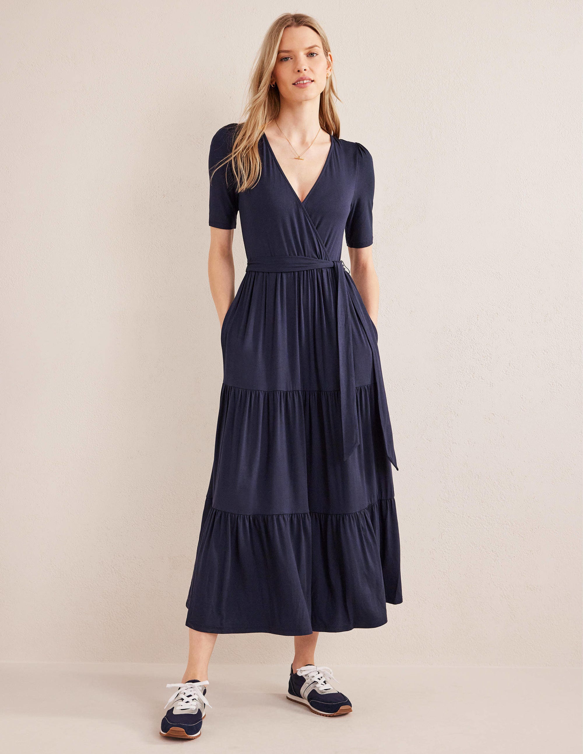 Tiered Wrap Jersey Maxi Dress-Navy - Image 1