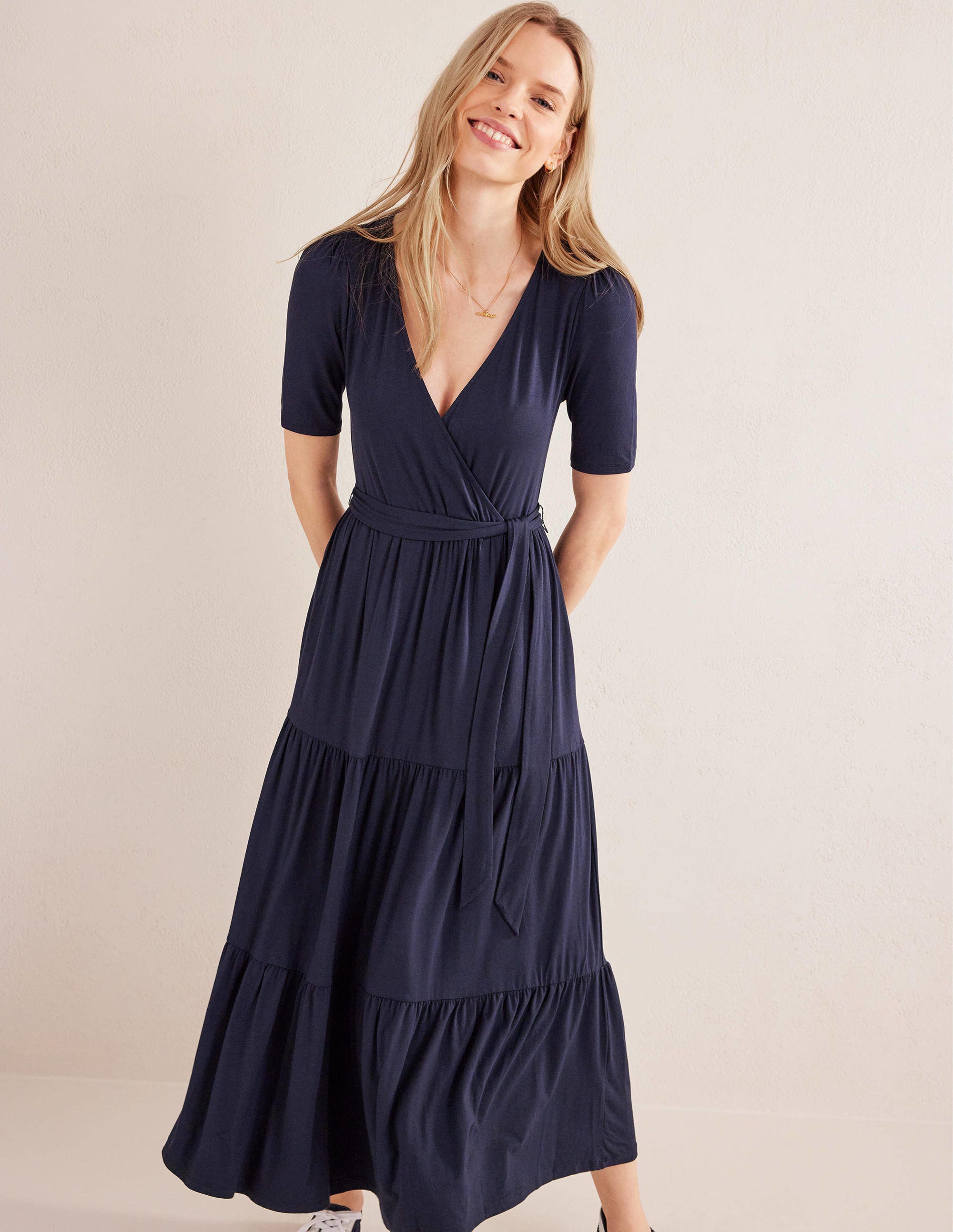Tiered Wrap Jersey Maxi Dress-Navy - Image 4