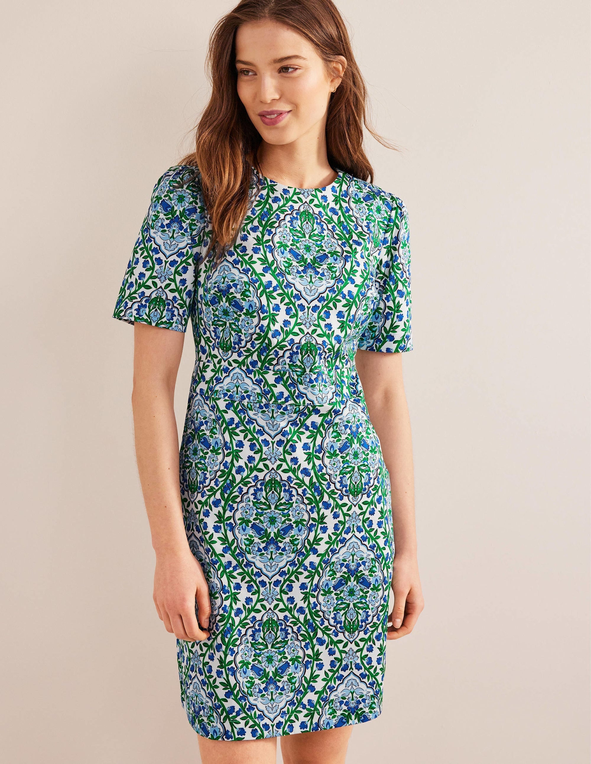 Cotton Mini Shift Dress-Linseed, Vine Terrace - Image 4