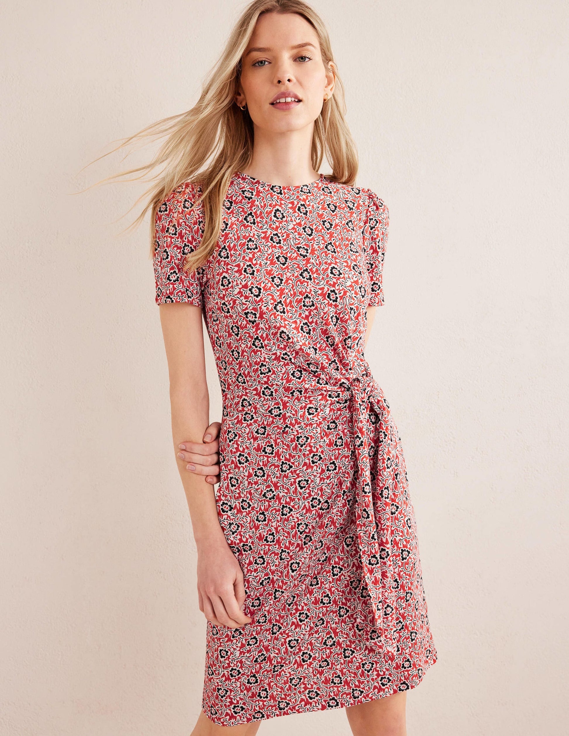 Knot Front Jersey Dress-Tomato, Clover Swirl-1