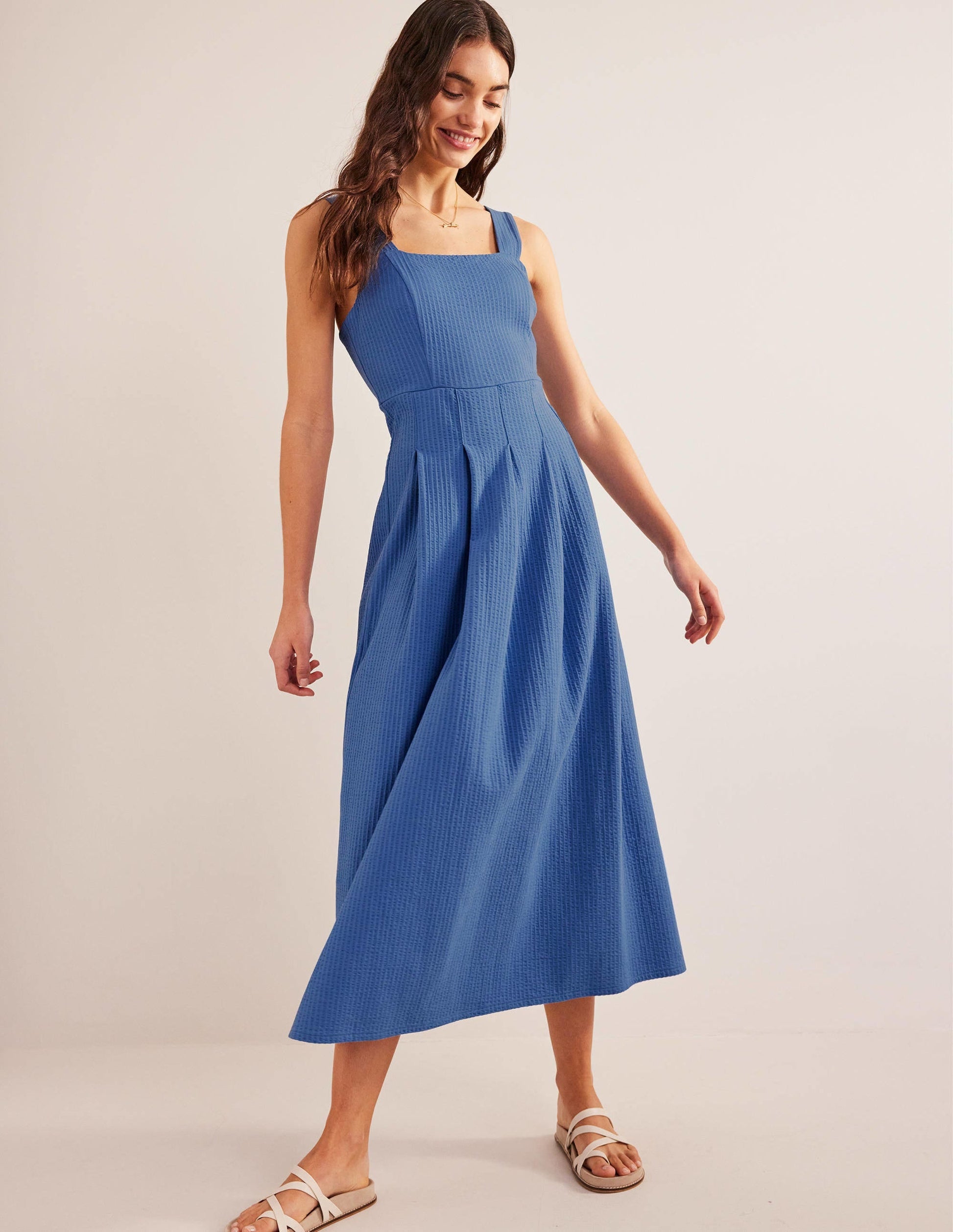 Strappy Seersucker Midi Dress-Porcelain Blue-1
