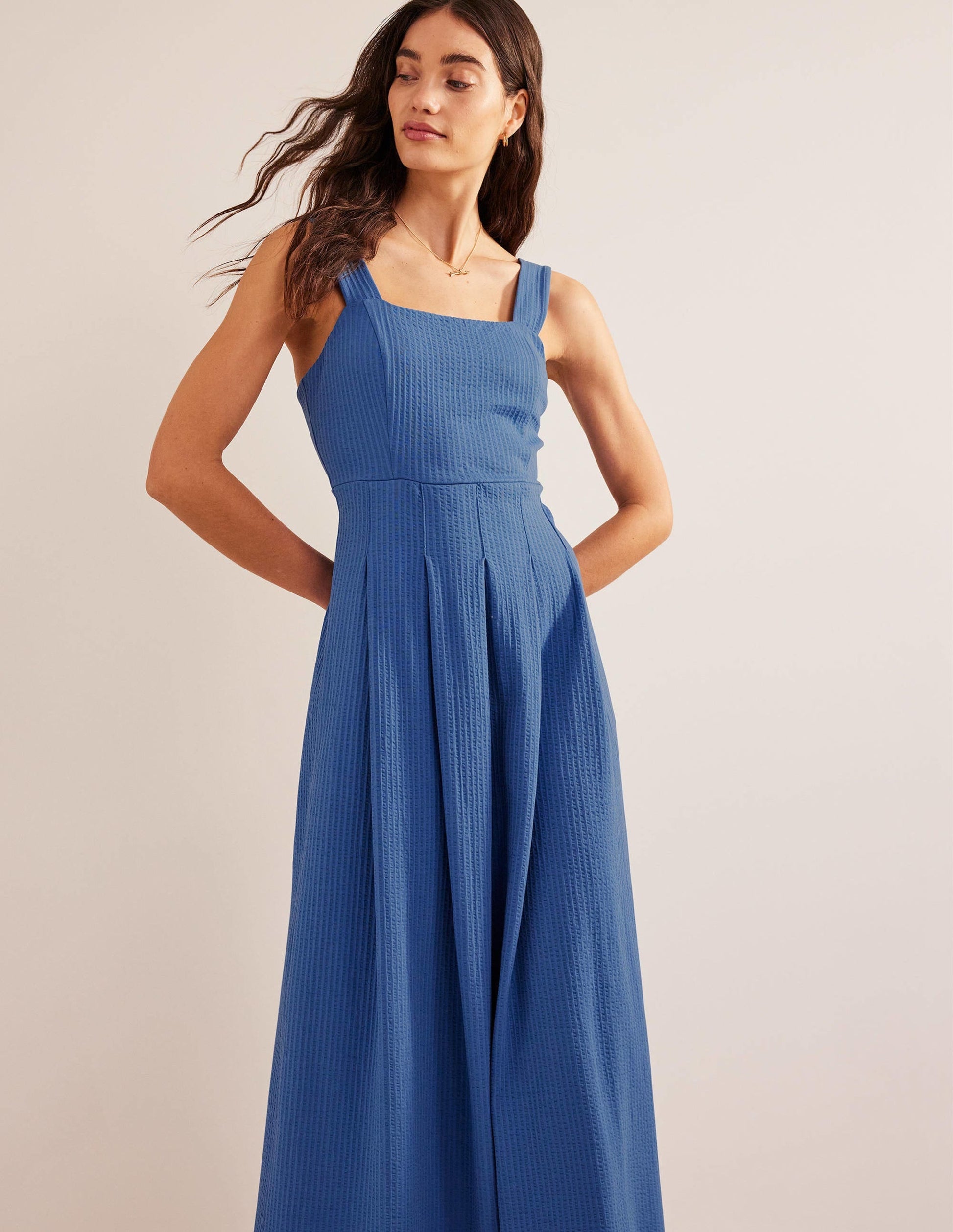 Strappy Seersucker Midi Dress-Porcelain Blue-4