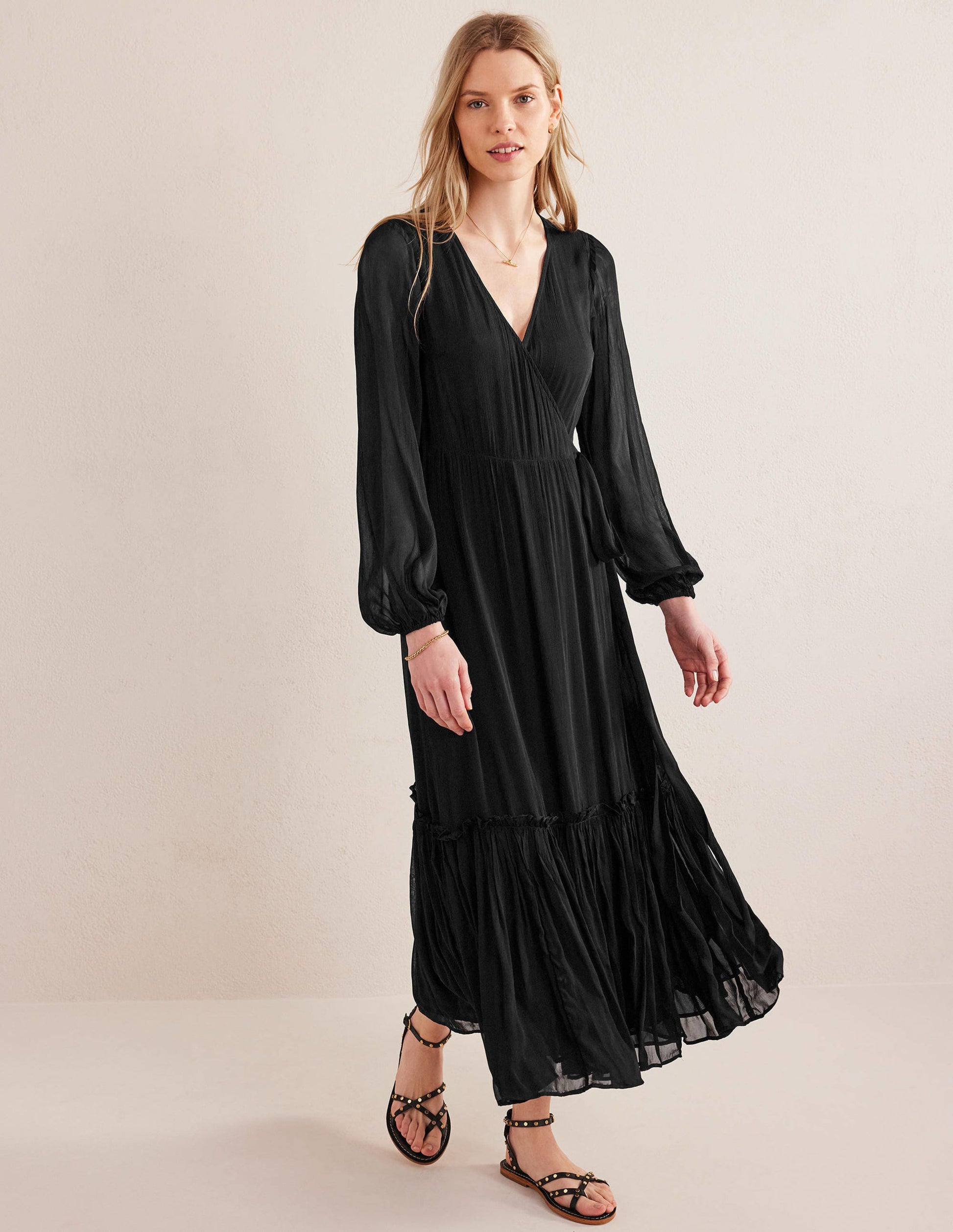 Long Sleeve Wrap Maxi Dress-Black-1