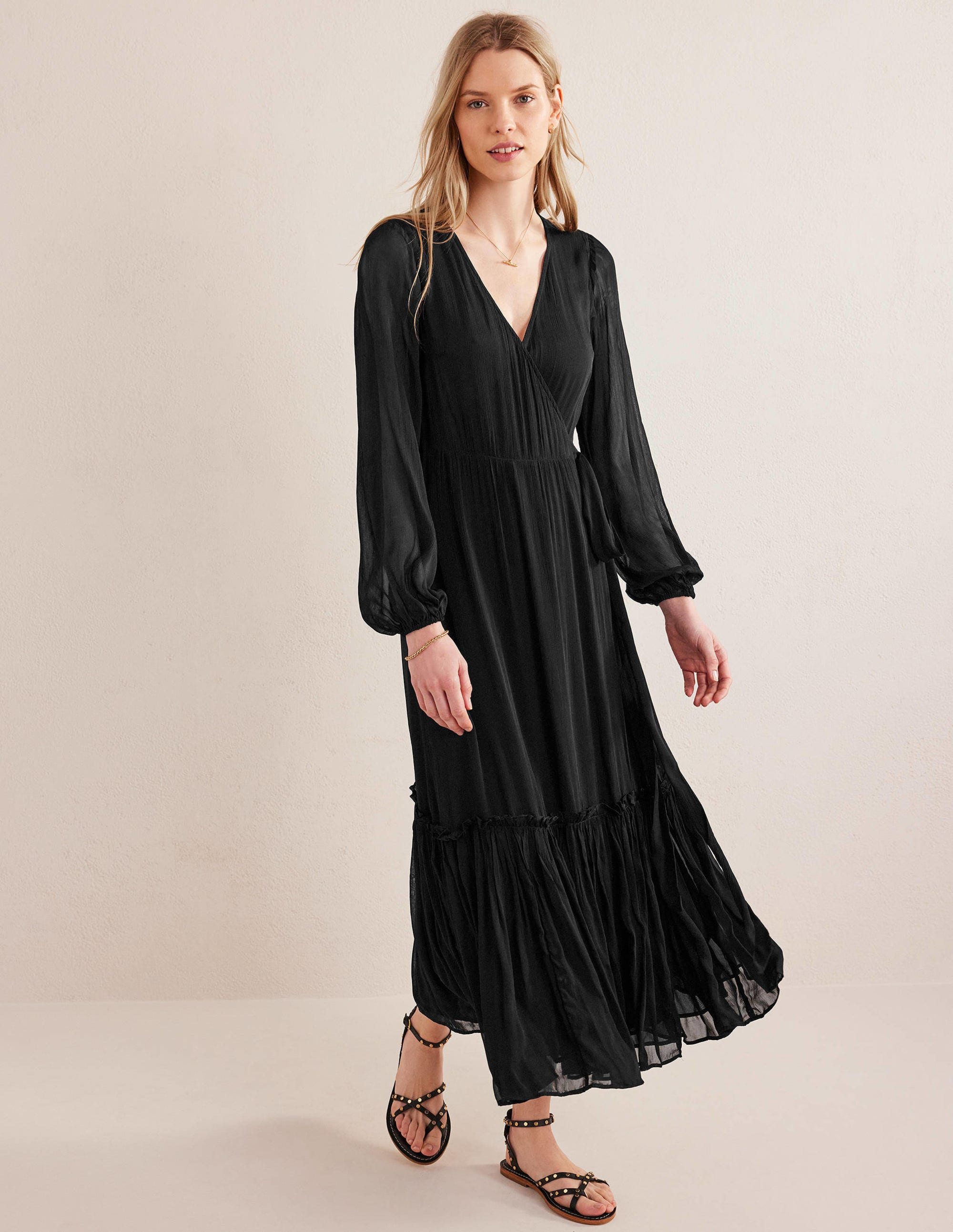 Long Sleeve Wrap Maxi Dress-Black - Image 1