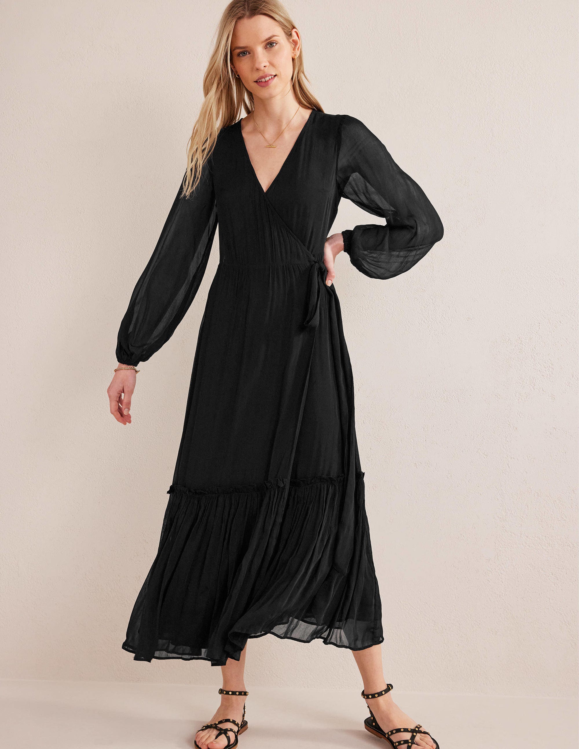 Long Sleeve Wrap Maxi Dress-Black - Image 4