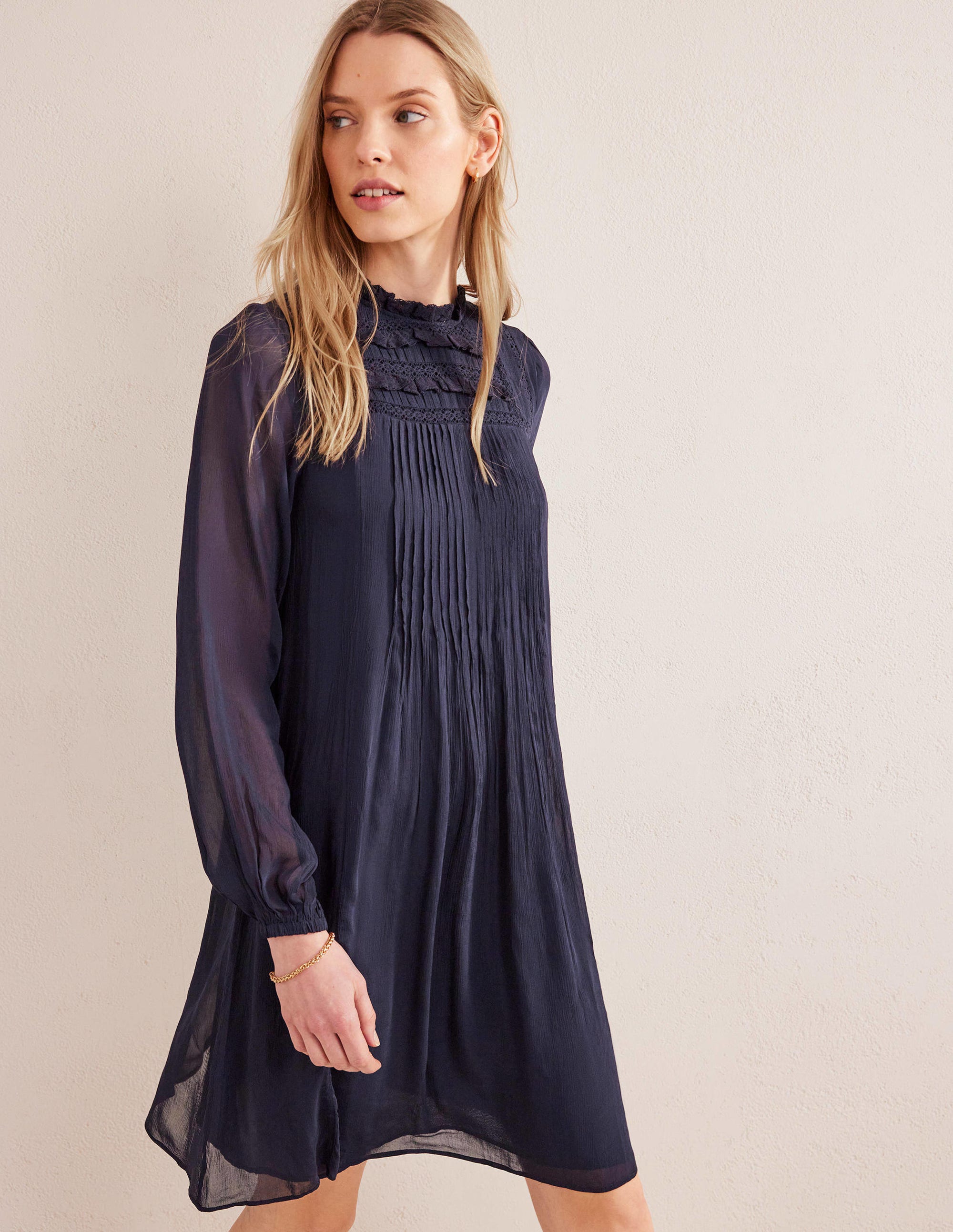 Yoke Detail Pleated Mini Dress-Navy - Image 1