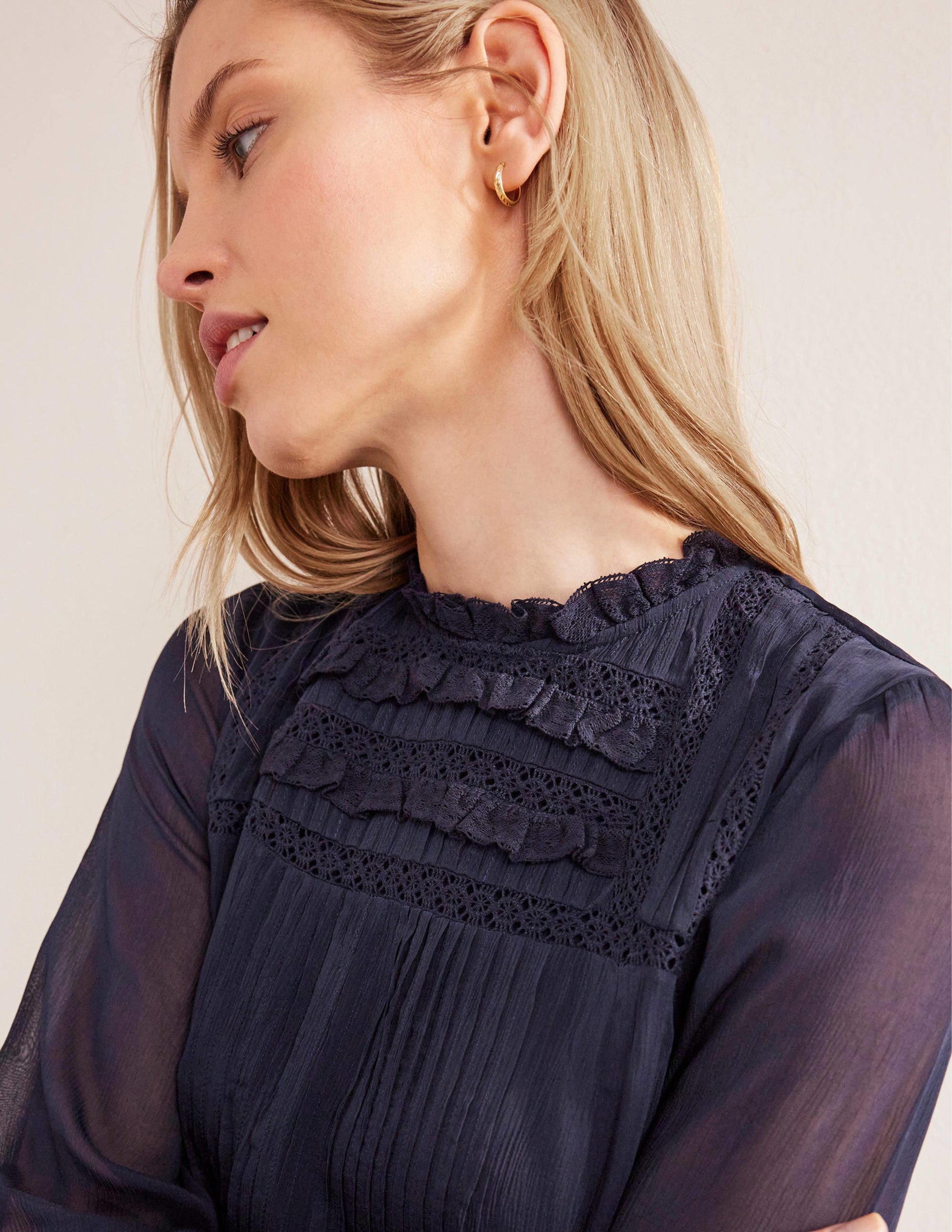 Yoke Detail Pleated Mini Dress-Navy-2