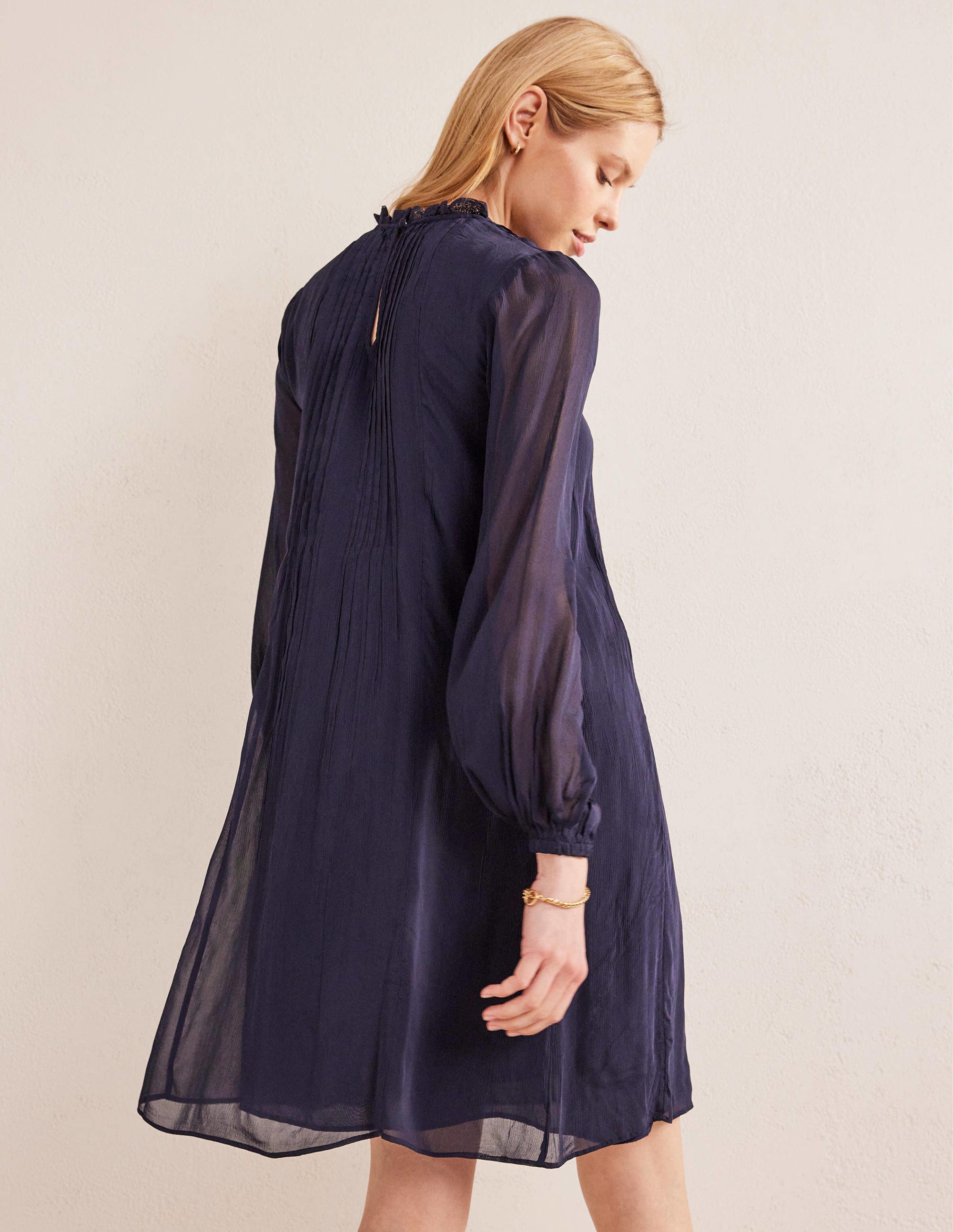 Yoke Detail Pleated Mini Dress-Navy - Image 3