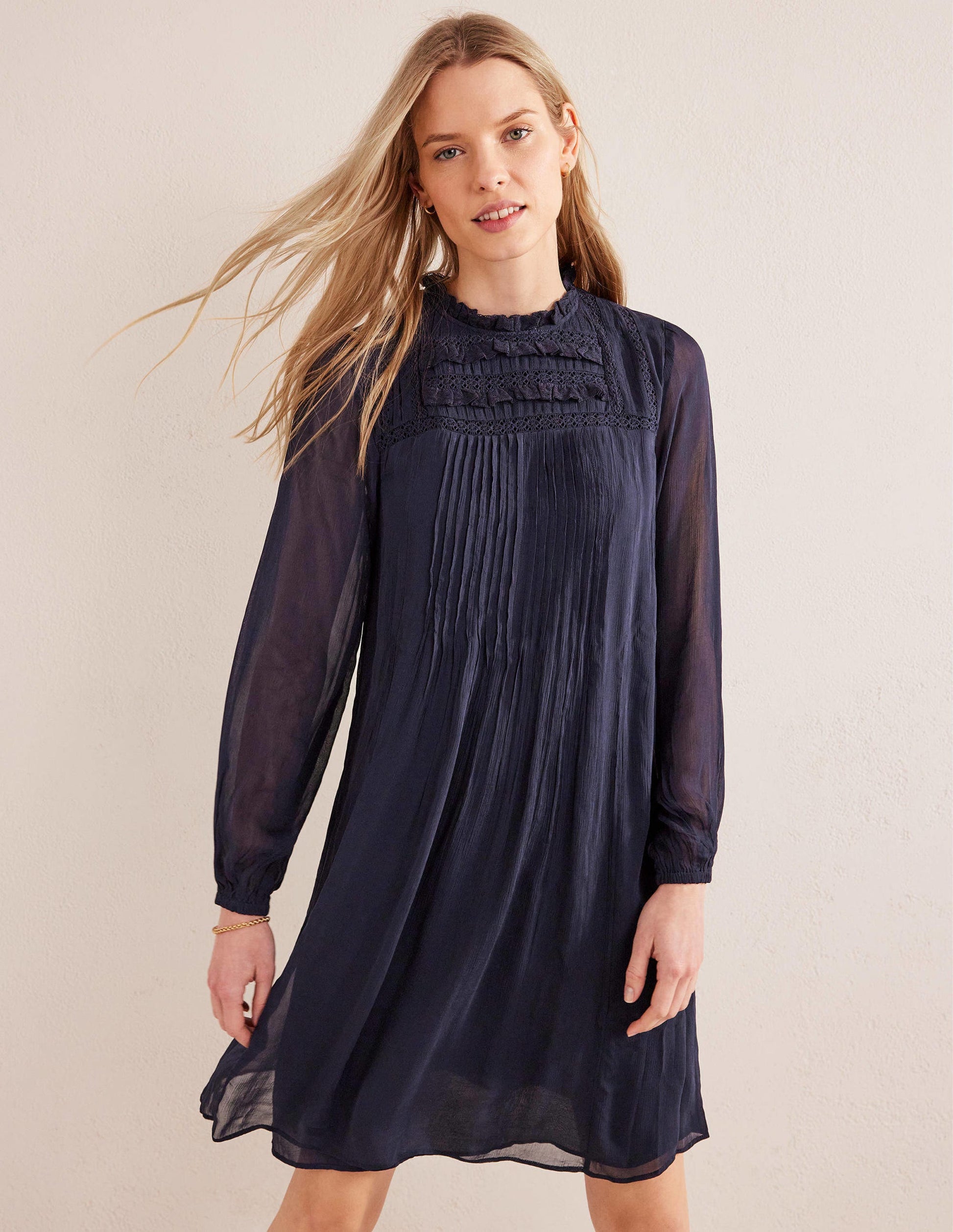Yoke Detail Pleated Mini Dress-Navy-4