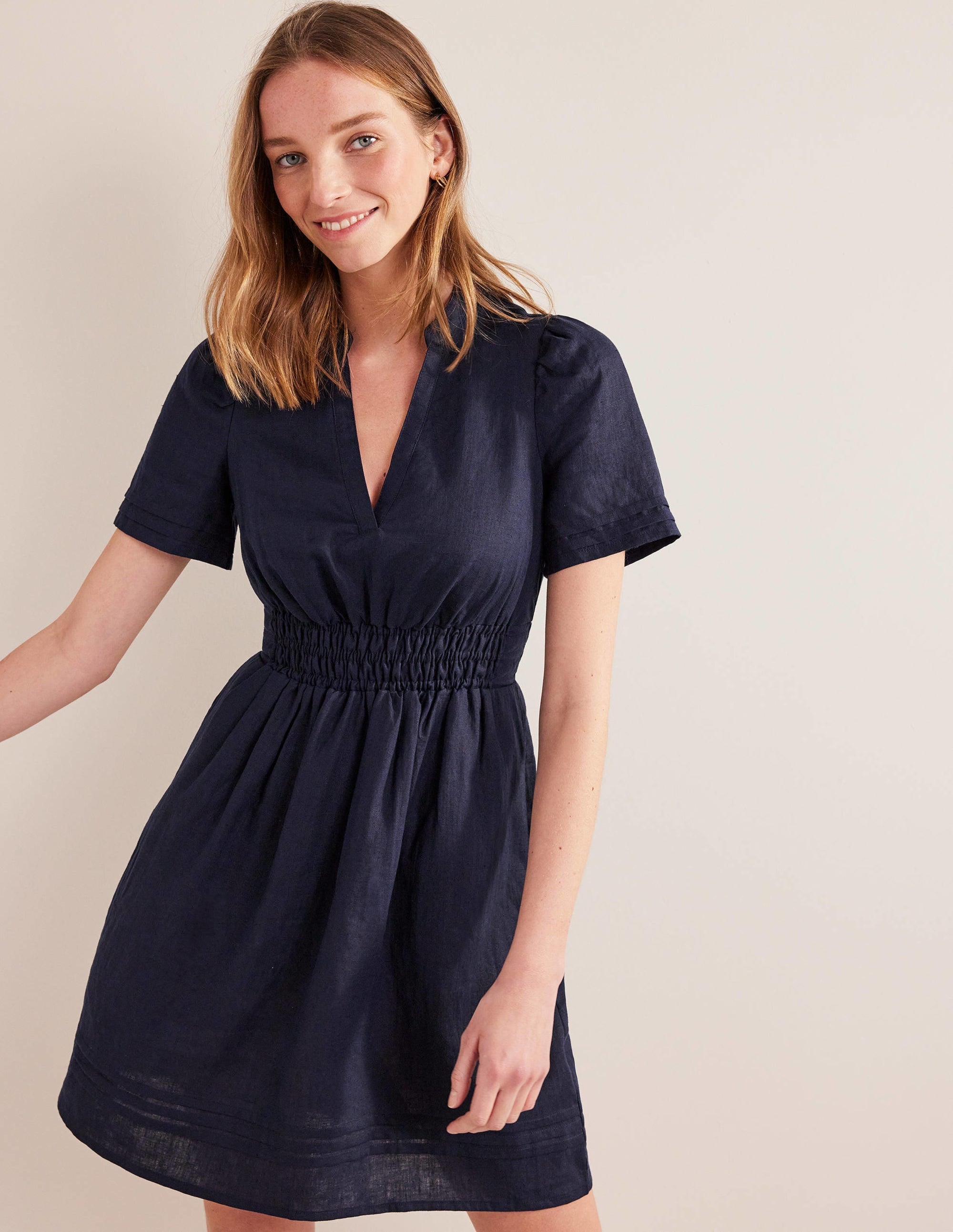 Pintuck Detail Mini Dress-Navy - Image 1