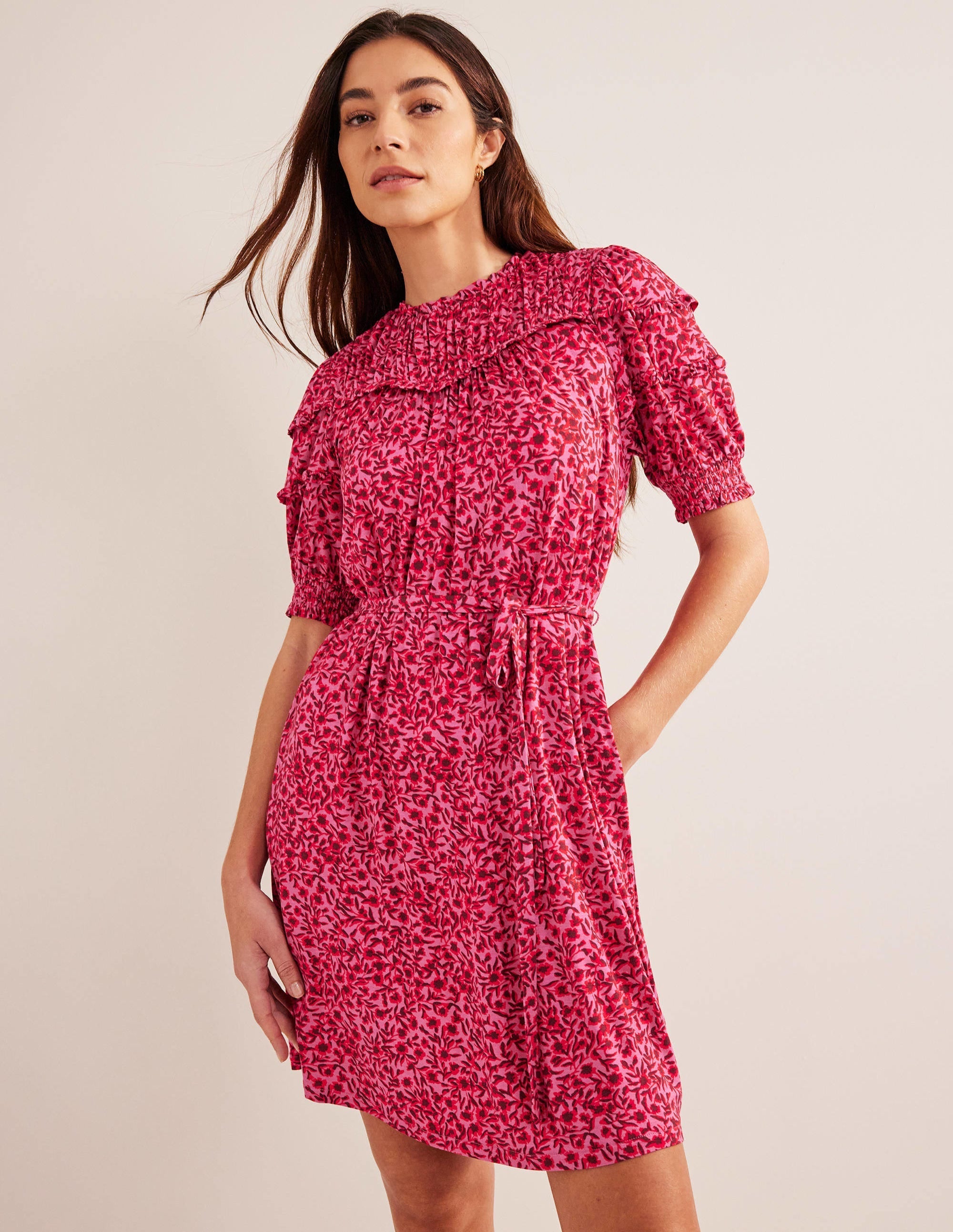 Yoke Detail Jersey Mini Dress-Gin Fizz, Abstract Vine - Image 1