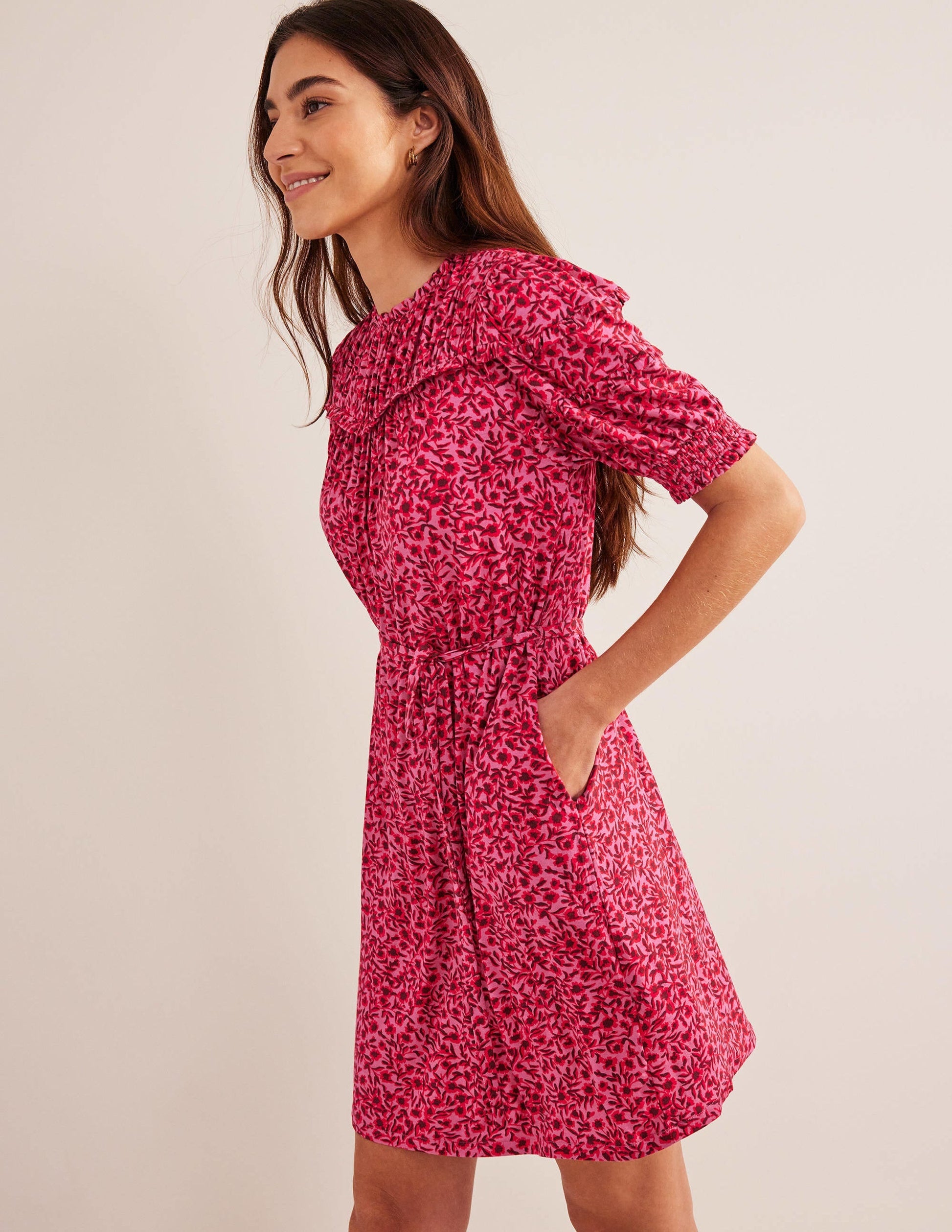 Yoke Detail Jersey Mini Dress-Gin Fizz, Abstract Vine-4